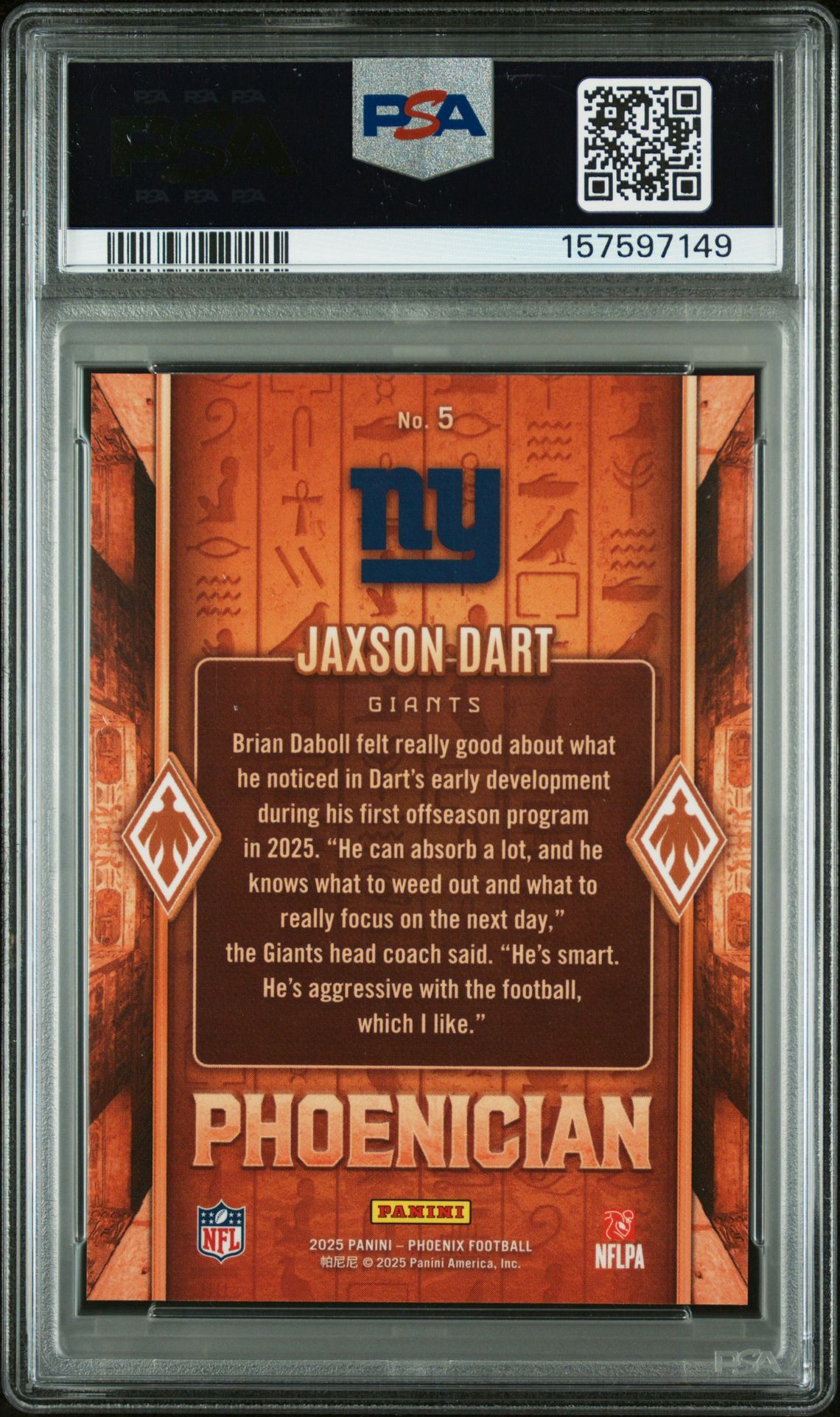 2025 Panini Phoenix Phoenician Jaxson Dart #5 Gem Mt 10 back view - PSA certificate #157597149