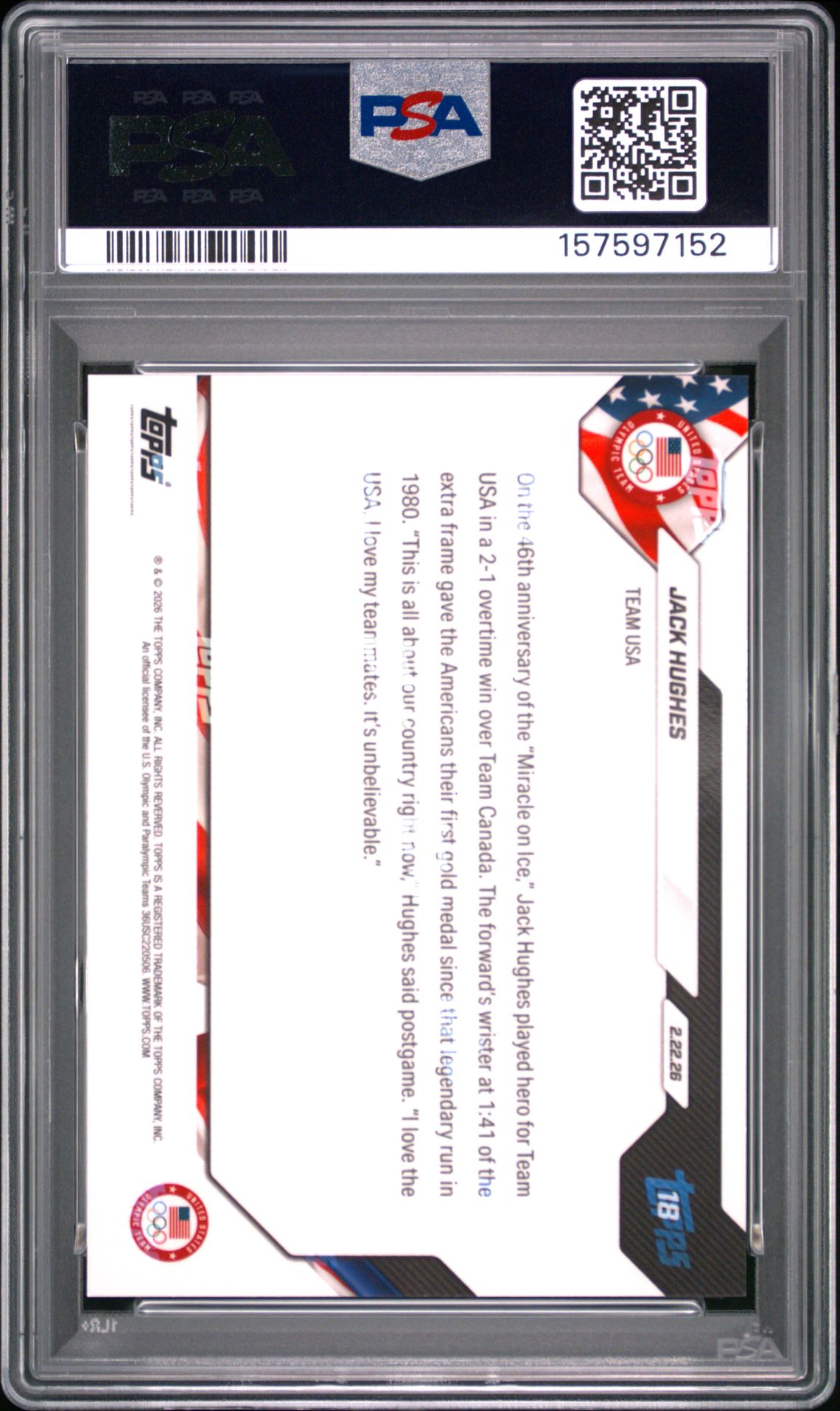 2026 Topps Now 2026 Olympics Jack Hughes #18 Gem Mt 10 back view - PSA certificate #157597152