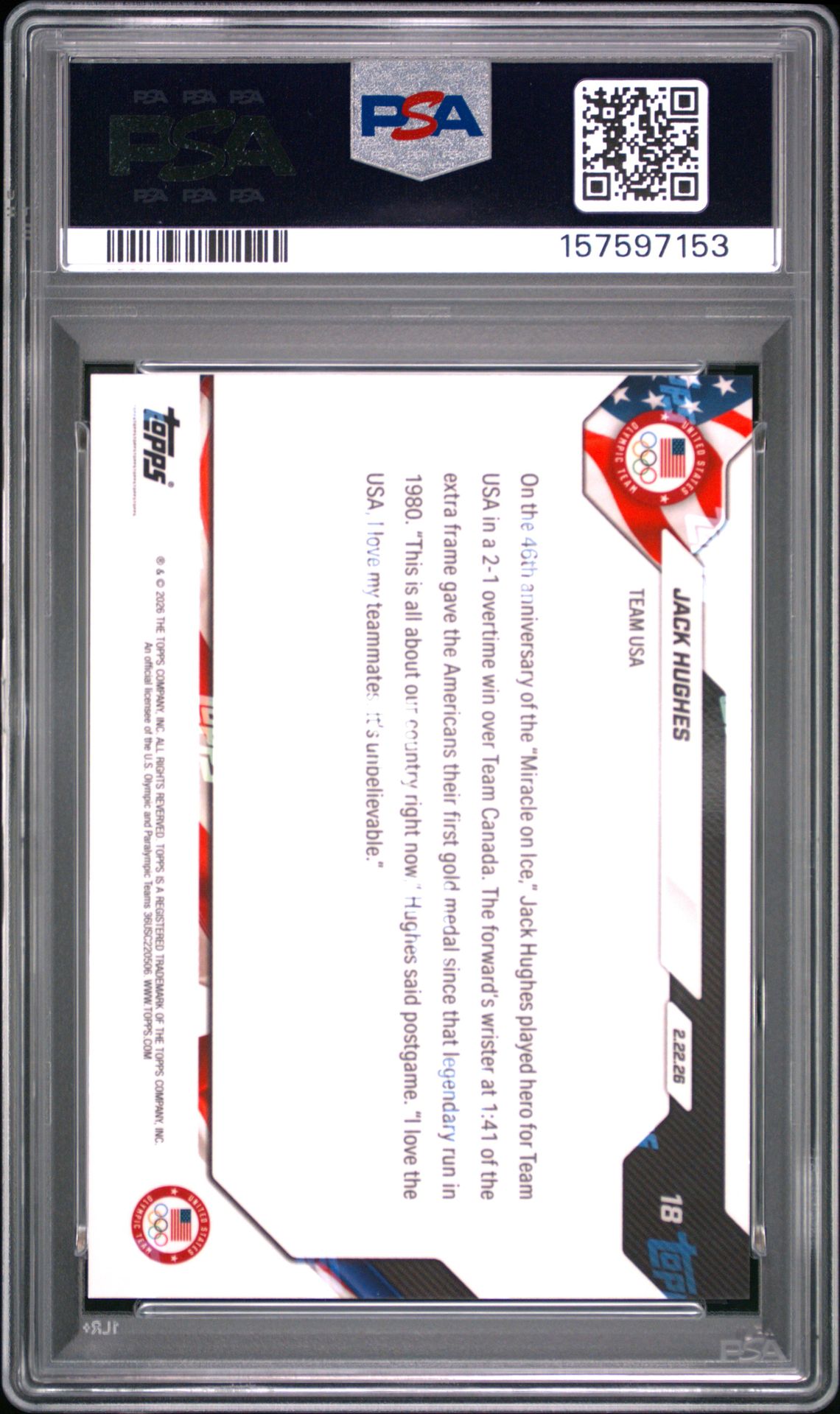 2026 Topps Now 2026 Olympics Jack Hughes #18 Gem Mt 10 back view - PSA certificate #157597153