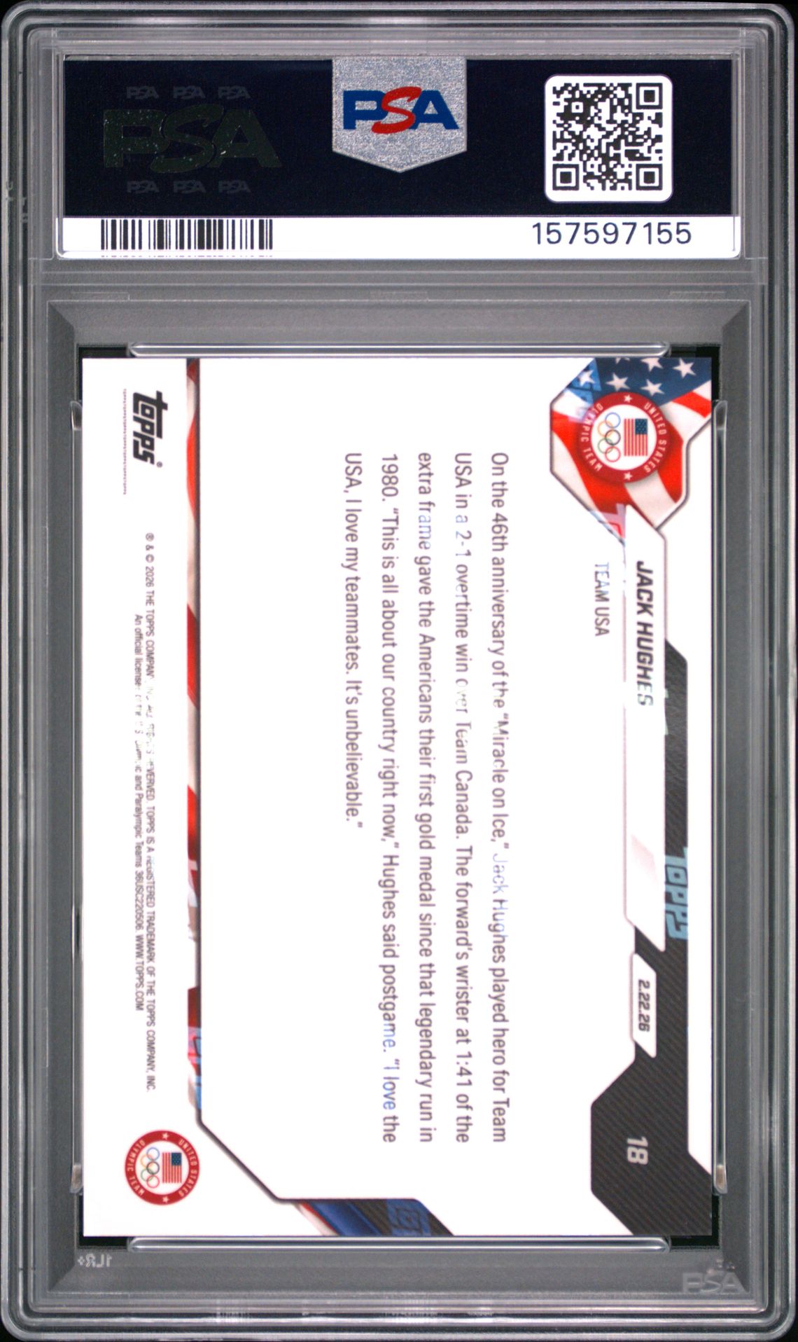 2026 Topps Now 2026 Olympics Jack Hughes #18 Gem Mt 10 back