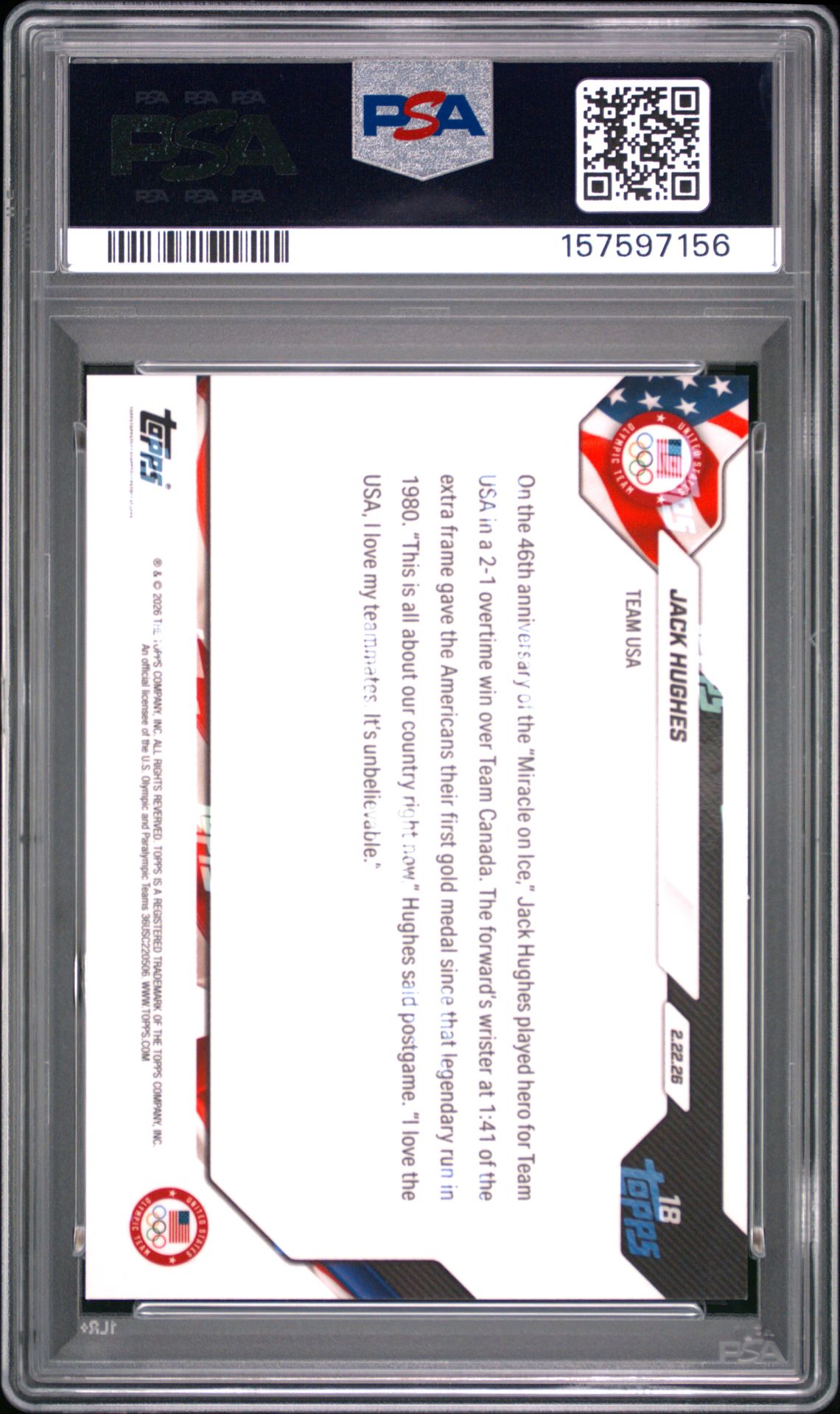 2026 Topps Now 2026 Olympics Jack Hughes #18 Gem Mt 10 back view - PSA certificate #157597156