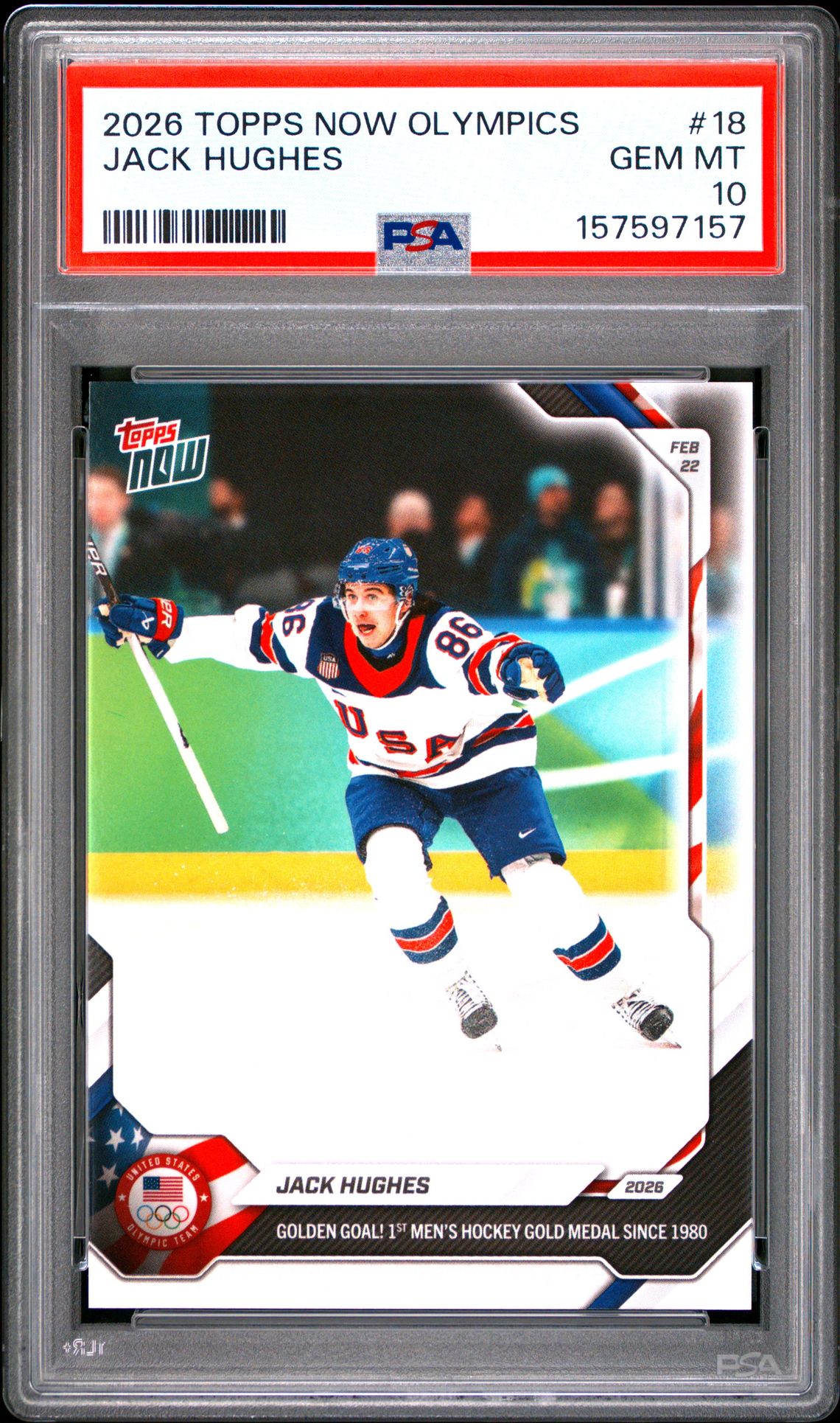 2026 Topps Now 2026 Olympics Jack Hughes #18 Gem Mt 10 front view - PSA graded GEM MT 10