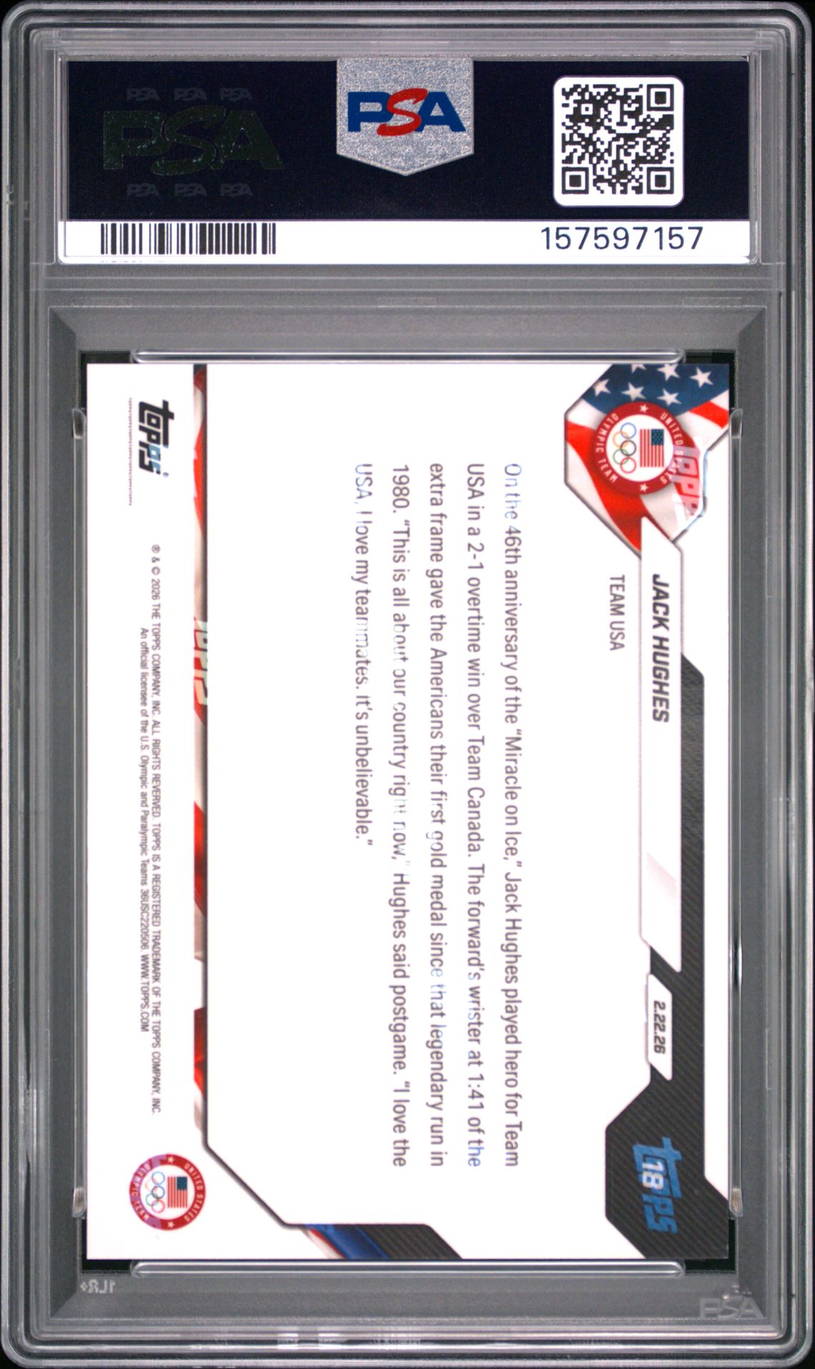 2026 Topps Now 2026 Olympics Jack Hughes #18 Gem Mt 10 back view - PSA certificate #157597157