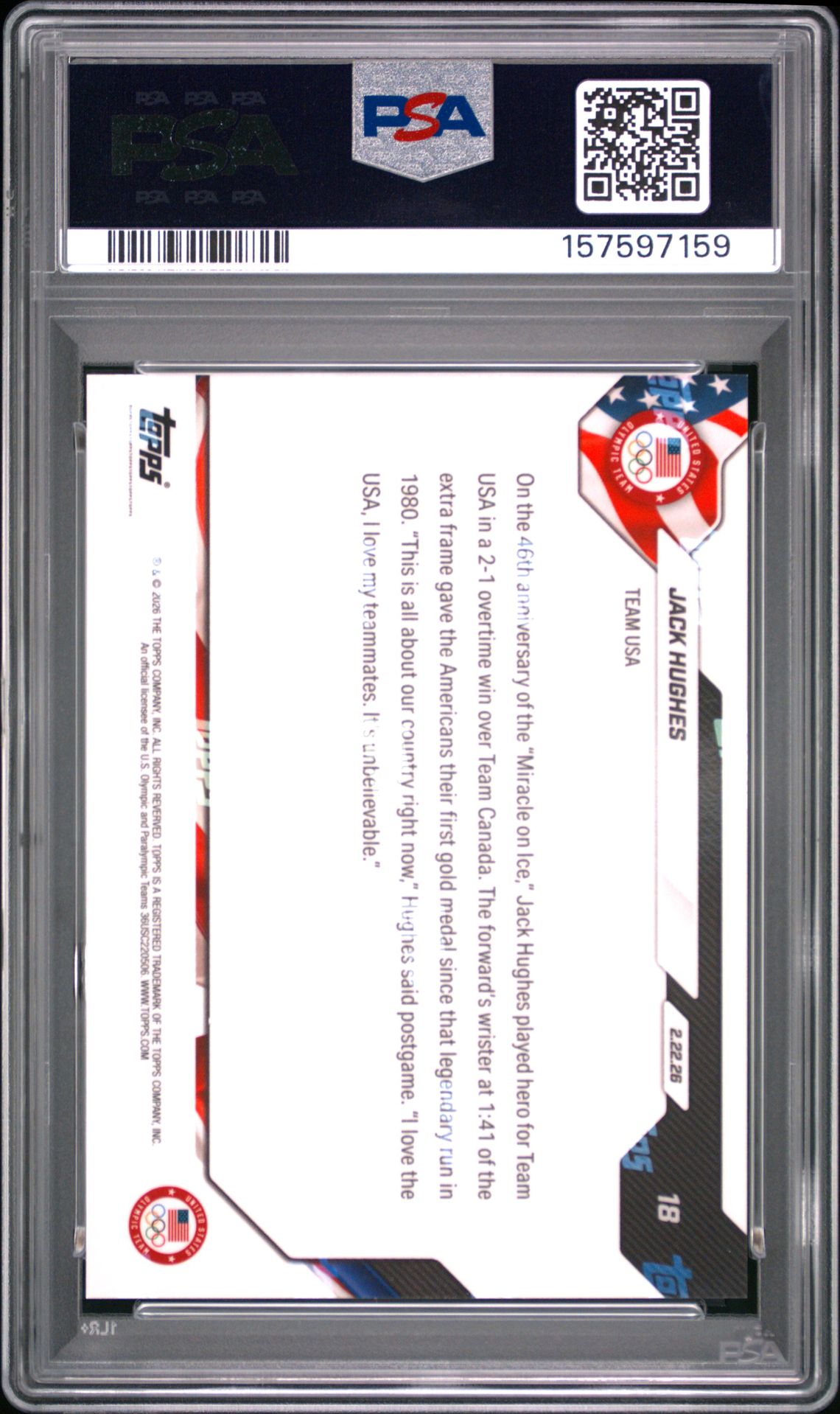 2026 Topps Now 2026 Olympics Jack Hughes #18 Gem Mt 10 back view - PSA certificate #157597159