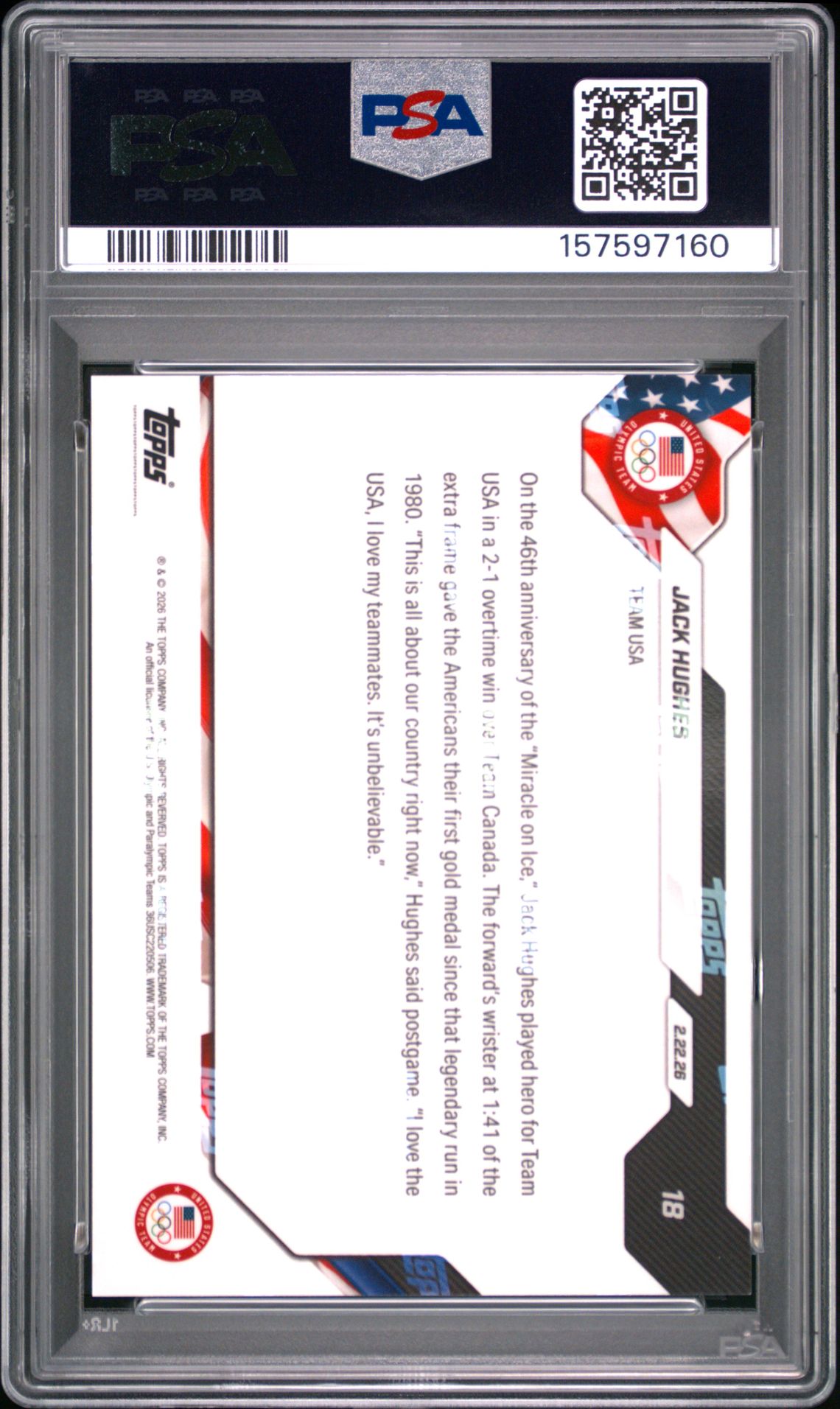 2026 Topps Now 2026 Olympics Jack Hughes #18 Gem Mt 10 back