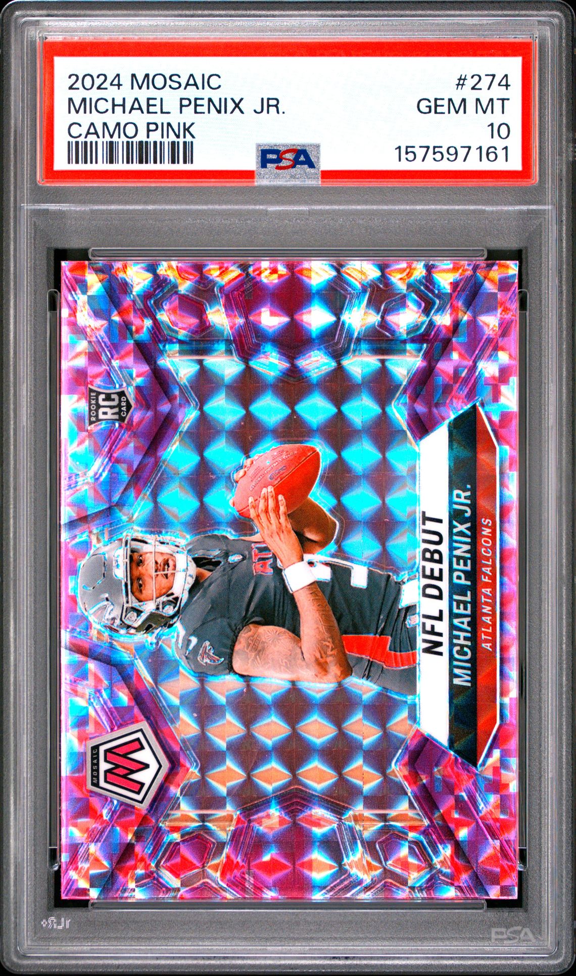 2024 Panini Mosaic Michael Penix Jr. #274 (Camo Pink) Gem Mt 10 front view - PSA graded GEM MT 10