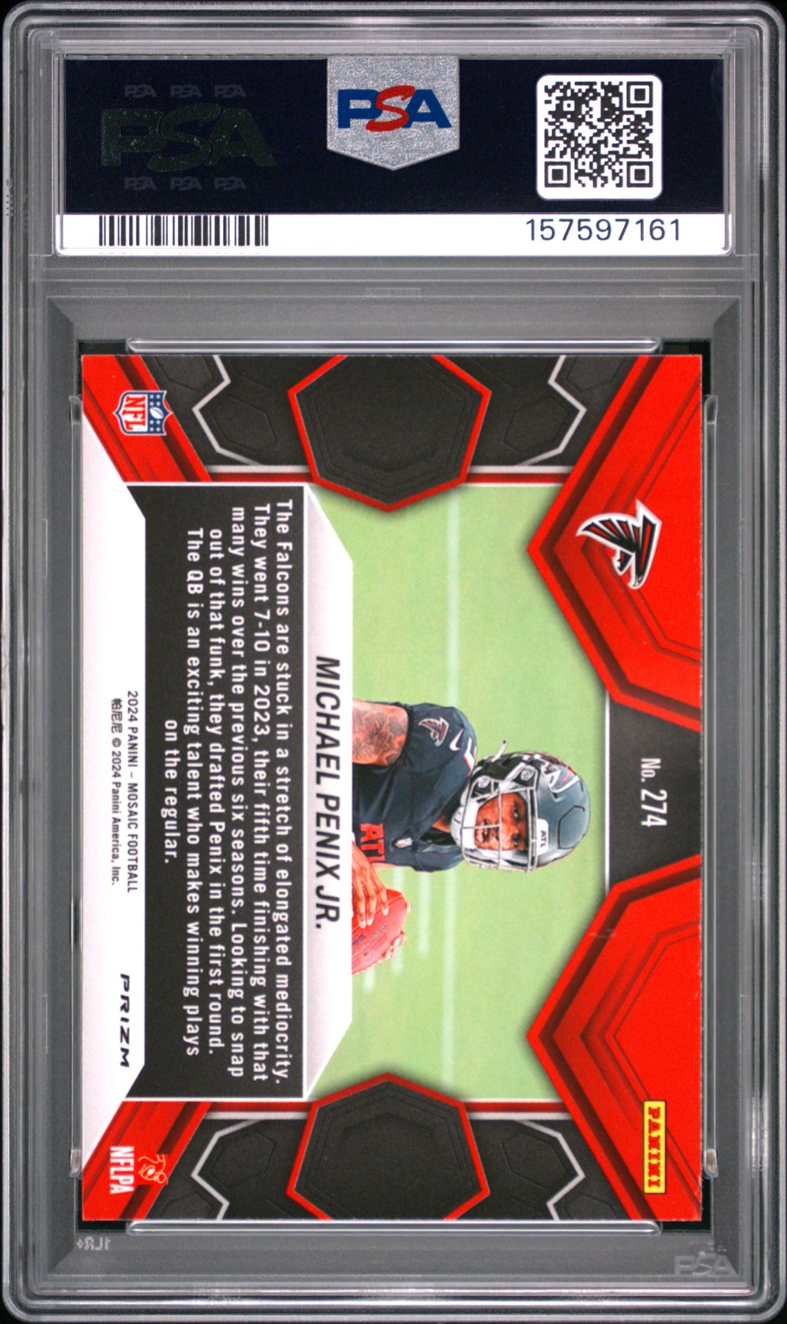 2024 Panini Mosaic Michael Penix Jr. #274 (Camo Pink) Gem Mt 10 back view - PSA certificate #157597161