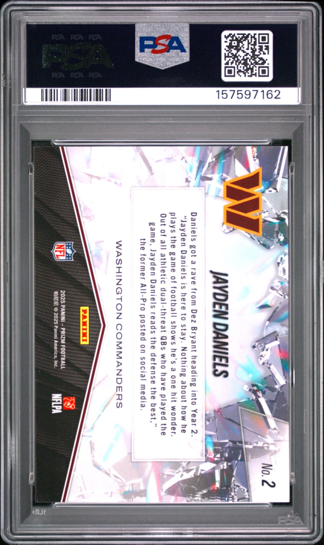 2025 Panini Prizm Prizm Break Jayden Daniels #2 Gem Mt 10 back view - PSA certificate #157597162