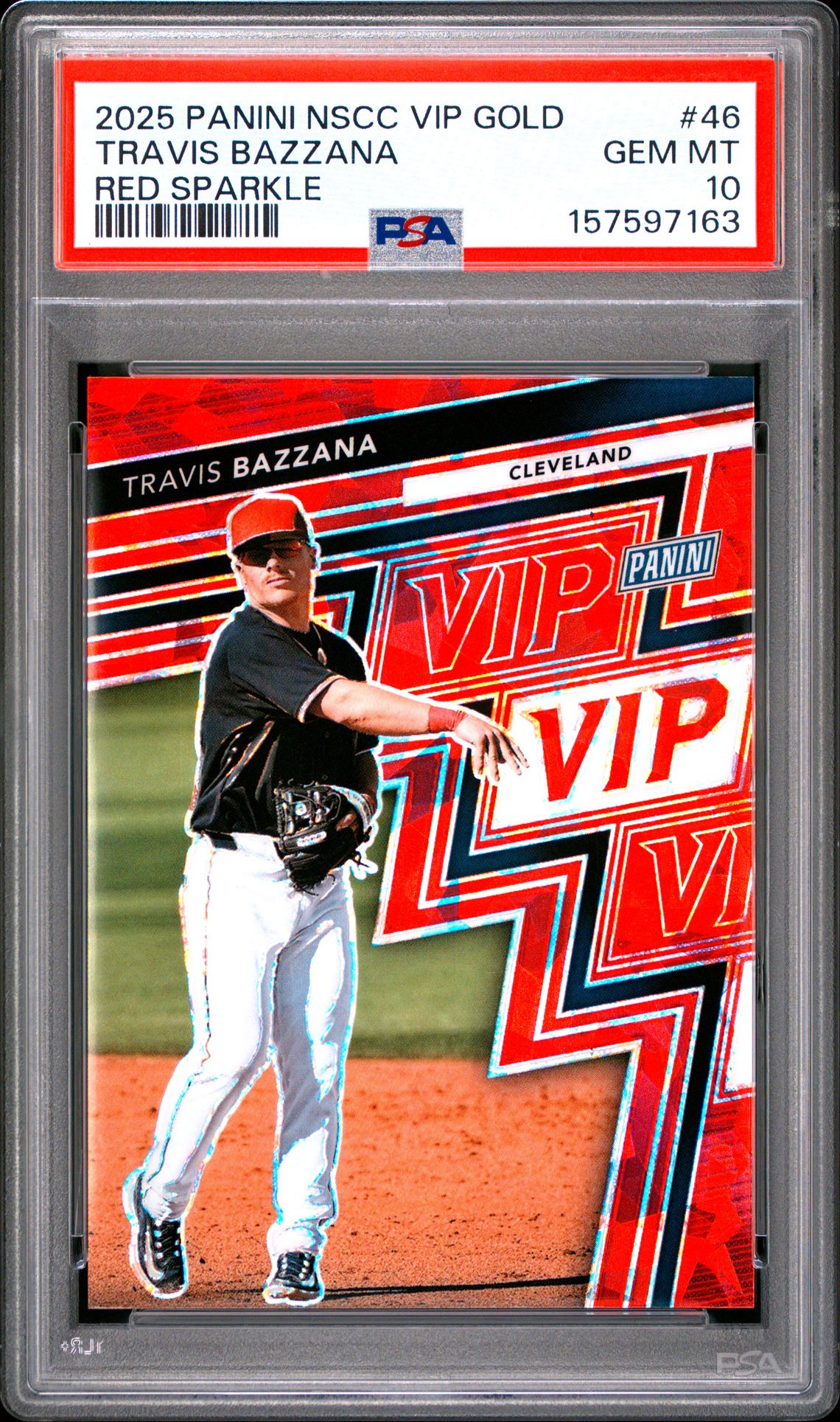 2025 Panini National Sports Collectors Convention Vip Gold Travis Bazzana #46 (Red Sparkle) Gem Mt 10 front view - PSA graded GEM MT 10