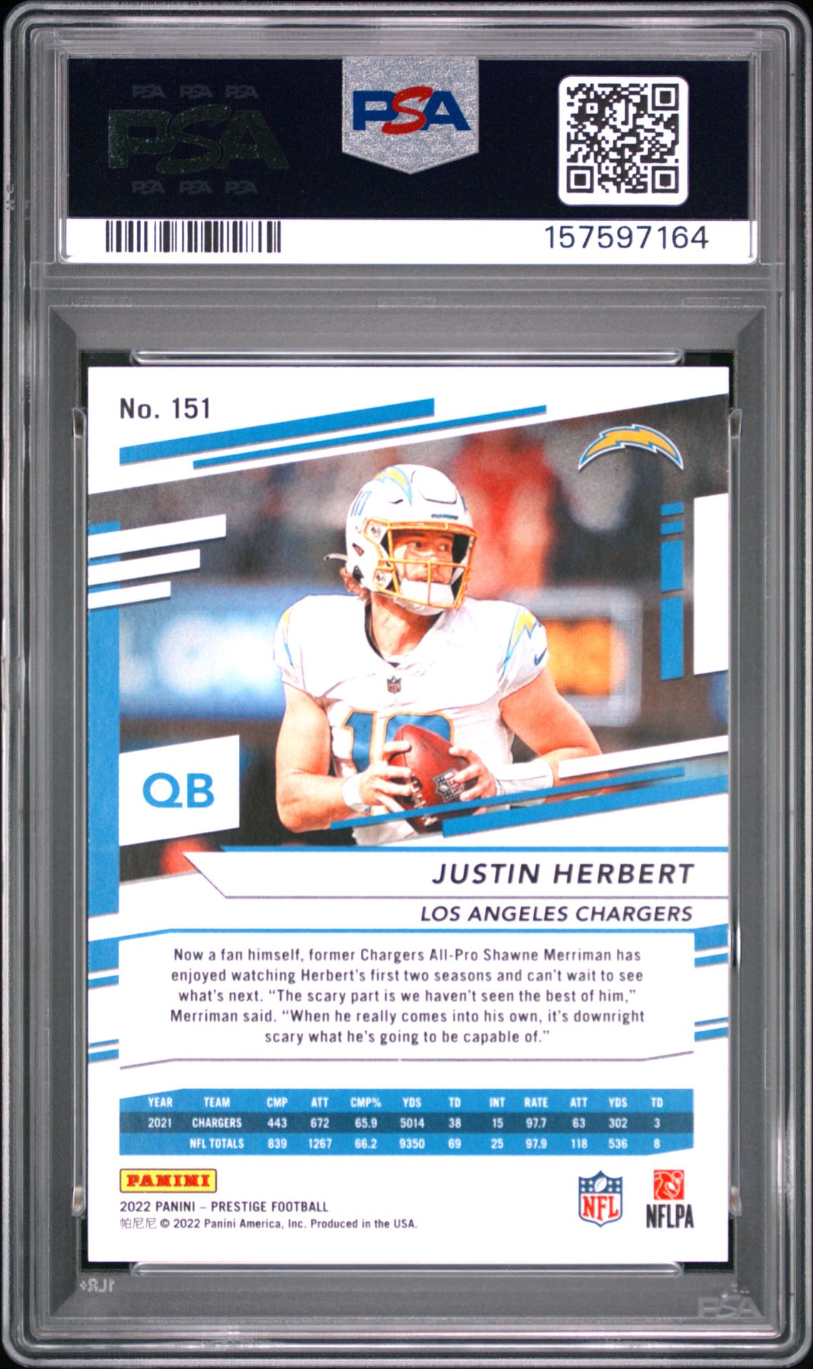 2022 Panini Prestige Justin Herbert #151 (Diamond Xtra Points) Gem Mt 10 back view - PSA certificate #157597164