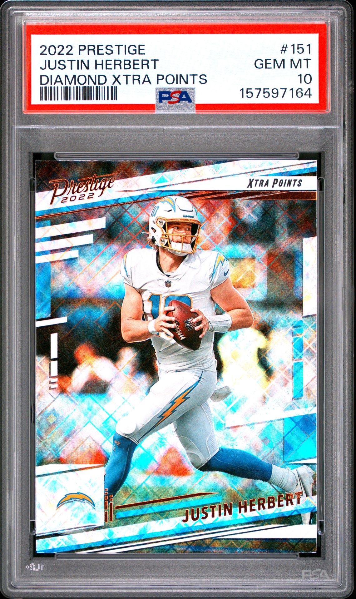 2022 Panini Prestige Justin Herbert #151 (Diamond Xtra Points) Gem Mt 10 front view - PSA graded GEM MT 10