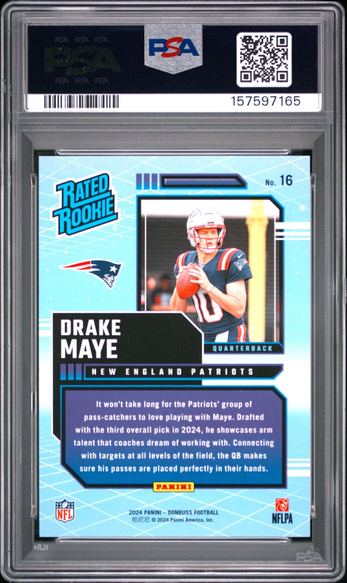 2024 Panini Donruss Rated Rookies Retro Drake Maye #16 Gem Mt 10 back view - PSA certificate #157597165