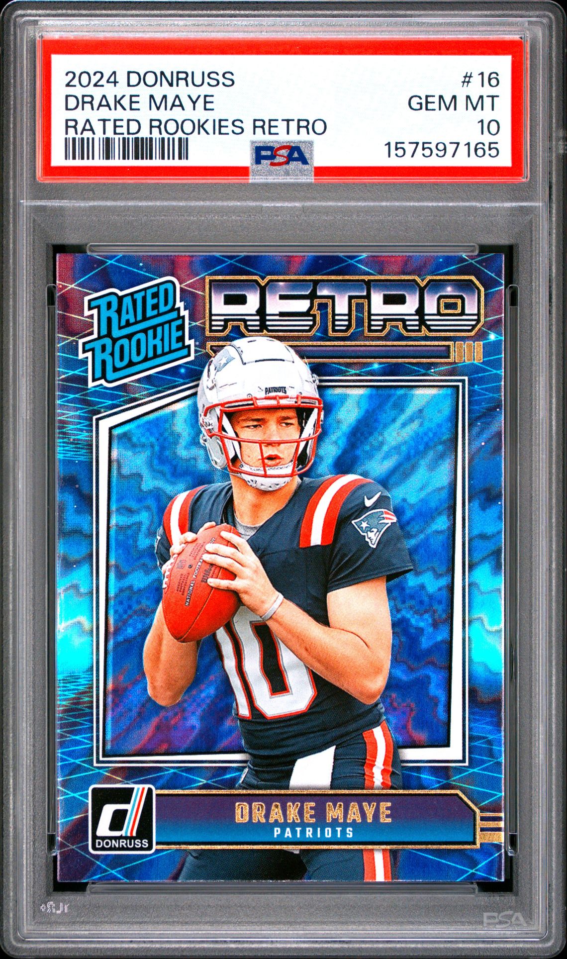 2024 Panini Donruss Rated Rookies Retro Drake Maye #16 Gem Mt 10 front view - PSA graded GEM MT 10