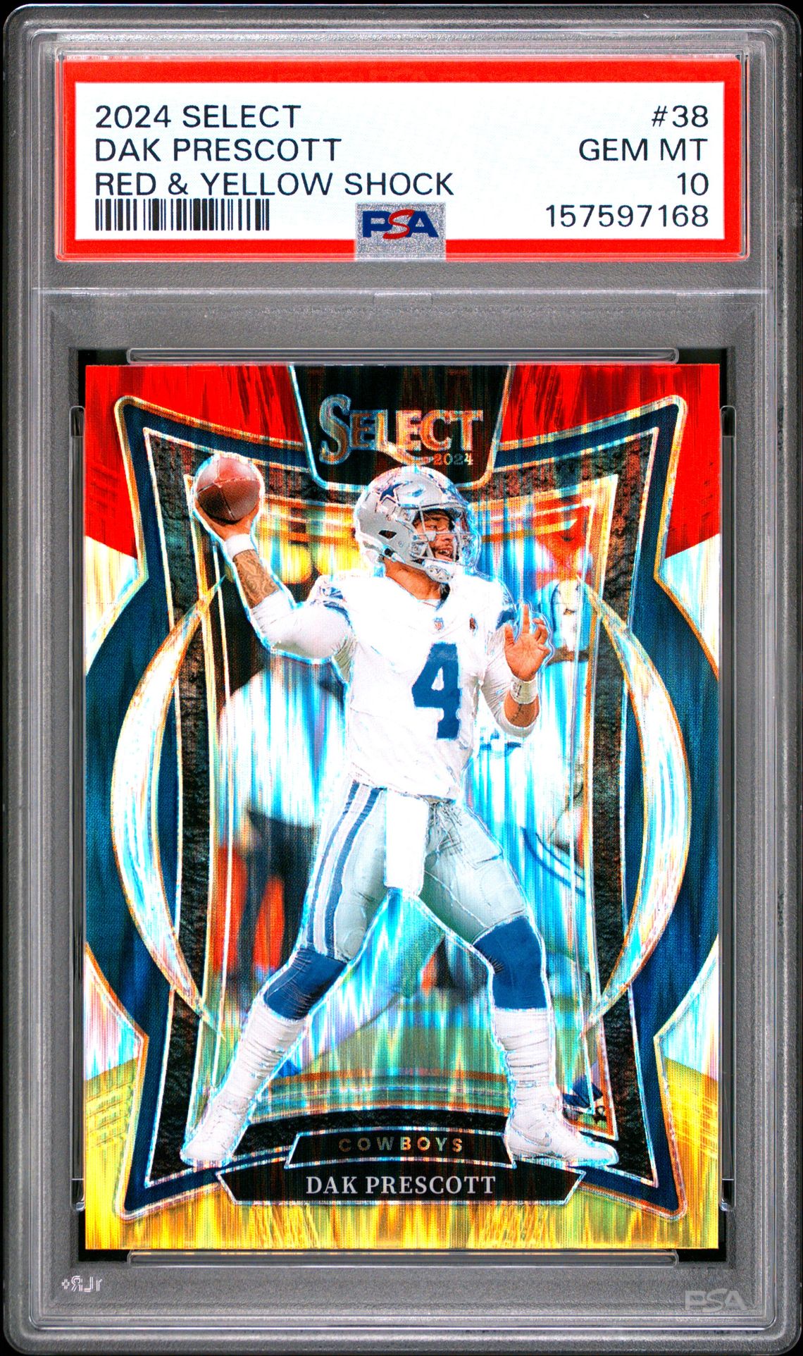 2024 Panini Select Dak Prescott #38 (Red & Yellow Shock) Gem Mt 10 front view - PSA graded GEM MT 10