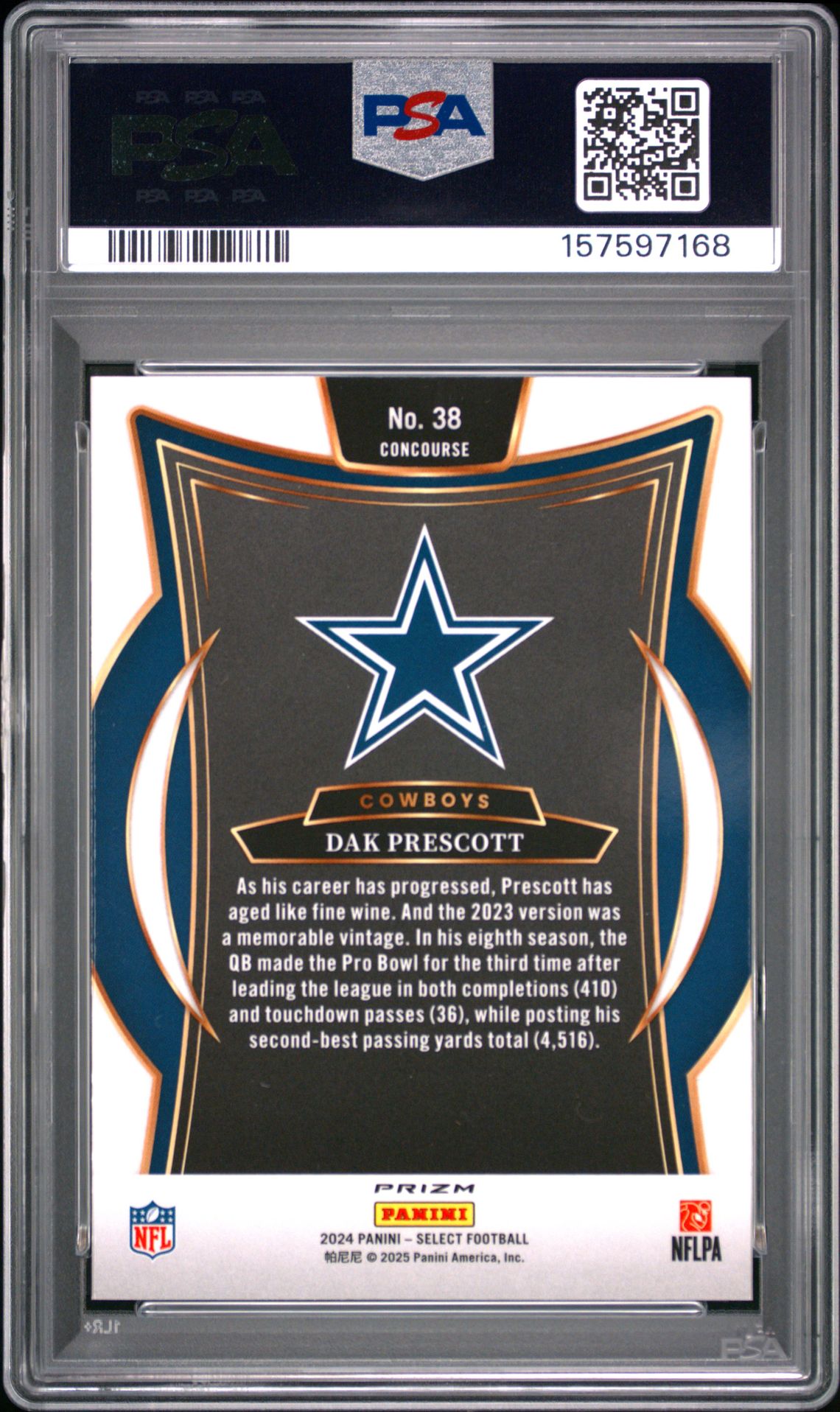 2024 Panini Select Dak Prescott #38 (Red & Yellow Shock) Gem Mt 10 back view - PSA certificate #157597168