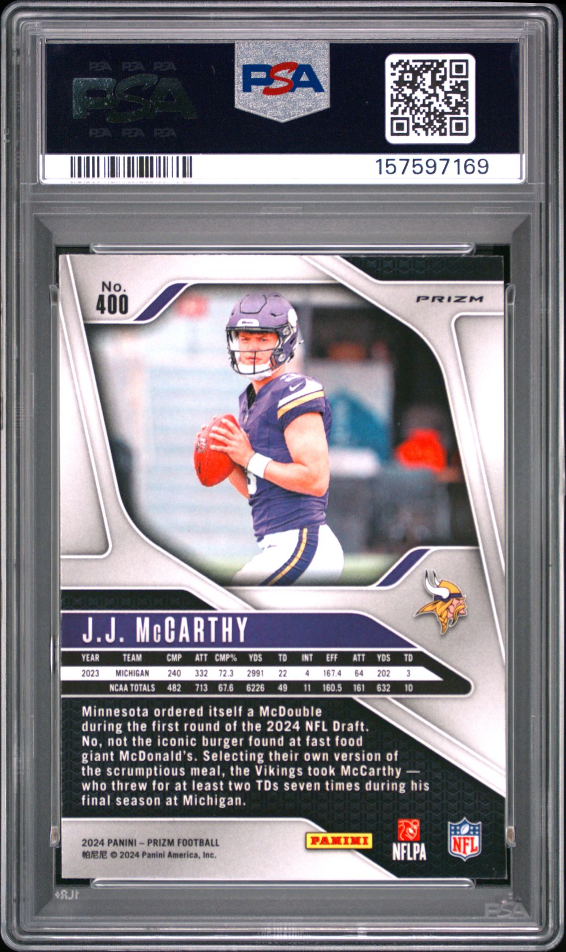 2024 Panini Prizm Jj Mccarthy #400 (Pink Prizm) Mint 9 back