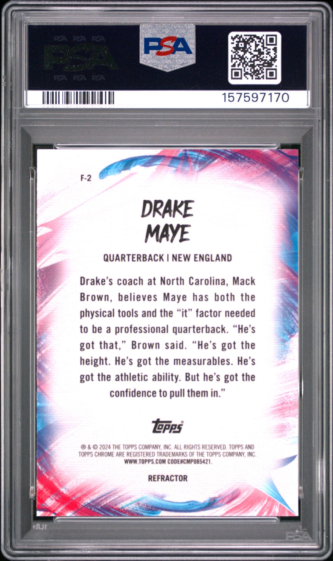 2024 Topps Chrome Finesse Drake Maye #F2 (Finesse-Refractor) Gem Mt 10 back view - PSA certificate #157597170