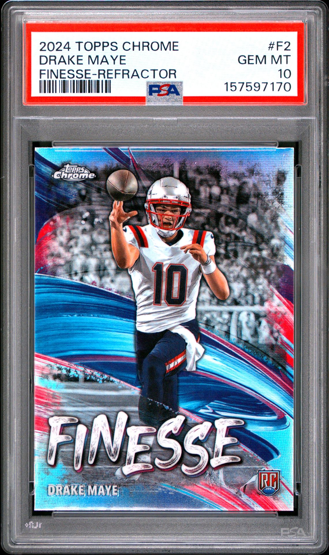 2024 Topps Chrome Finesse Drake Maye #F2 (Finesse-Refractor) Gem Mt 10 front view - PSA graded GEM MT 10