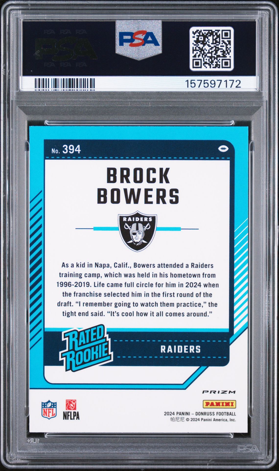 2024 Panini Donruss Brock Bowers #394 (Optic Preview-Red Pandora) Gem Mt 10 back view - PSA certificate #157597172