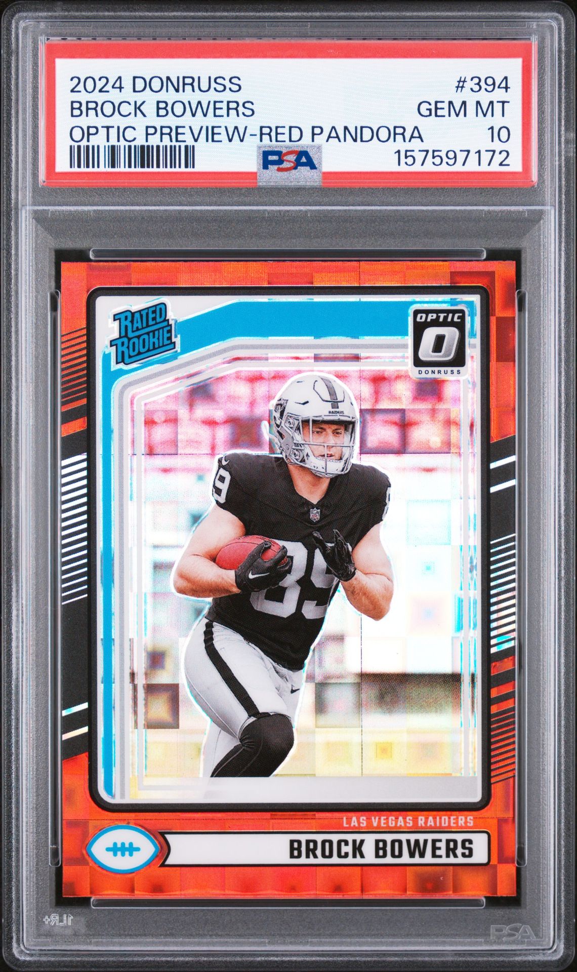 2024 Panini Donruss Brock Bowers #394 (Optic Preview-Red Pandora) Gem Mt 10 front view - PSA graded GEM MT 10