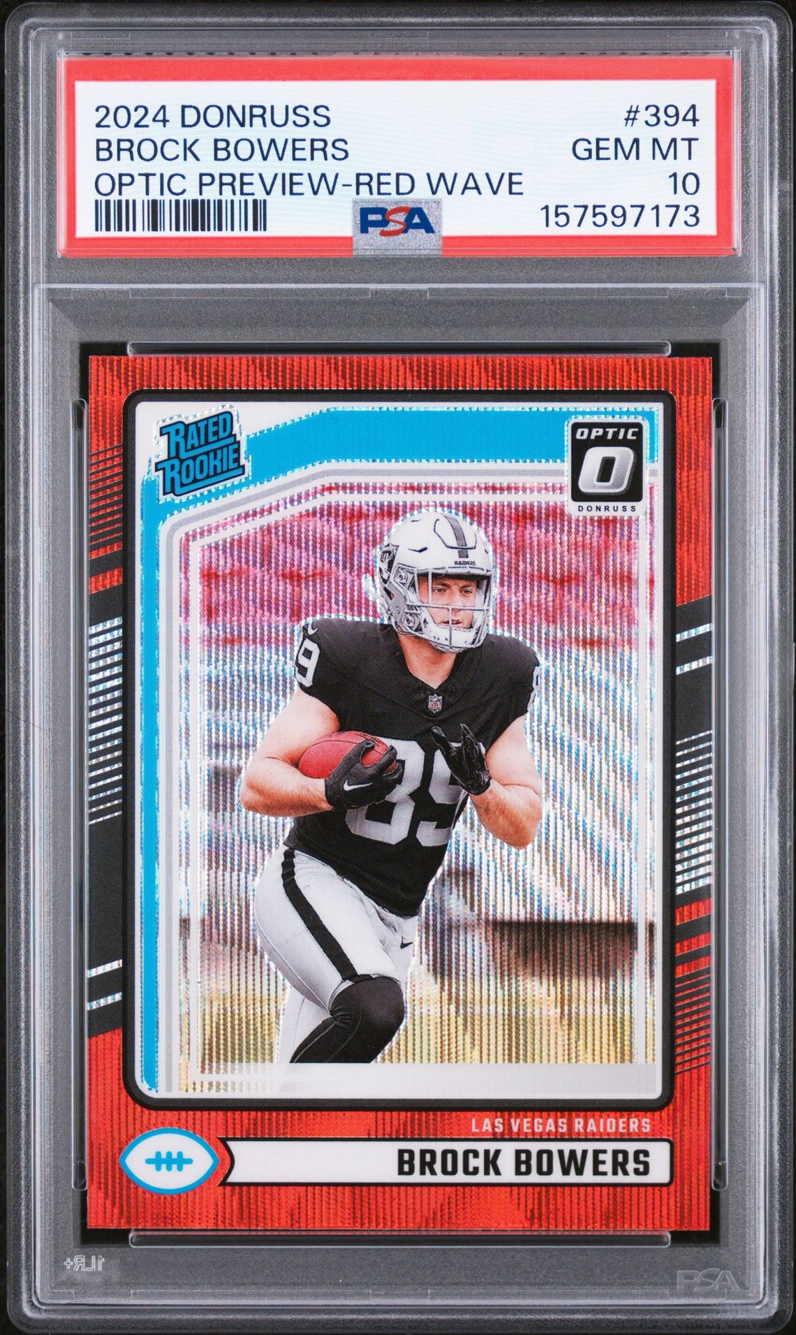 2024 Panini Donruss Brock Bowers #394 (Optic Preview-Red Wave) Gem Mt 10 front view - PSA graded GEM MT 10