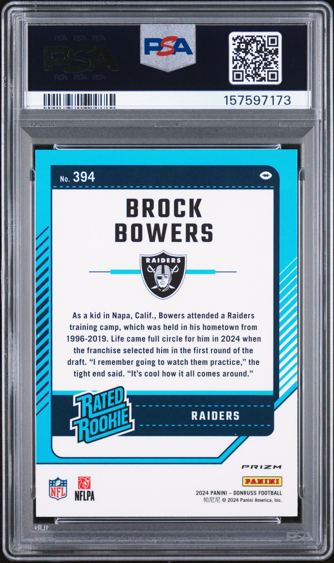 2024 Panini Donruss Brock Bowers #394 (Optic Preview-Red Wave) Gem Mt 10 back view - PSA certificate #157597173