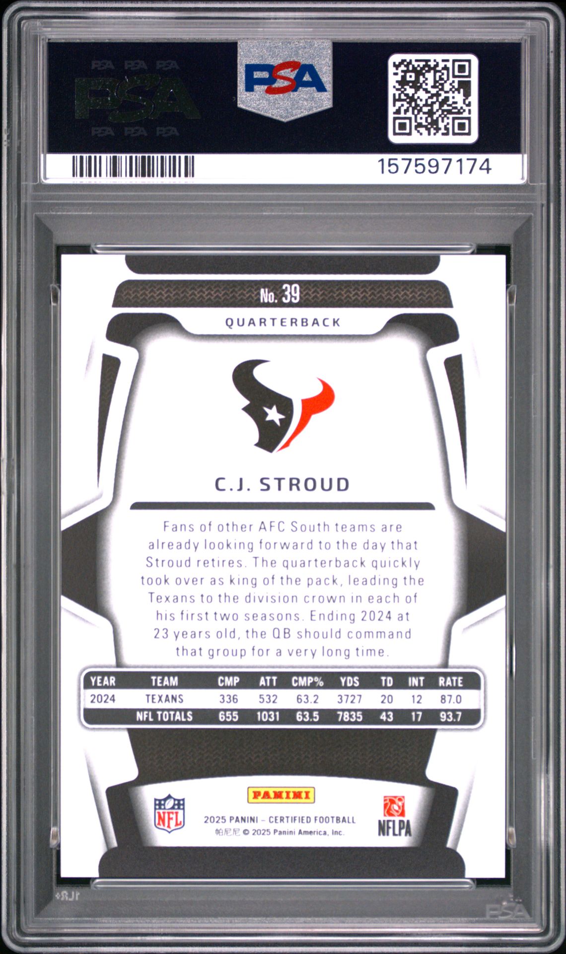 2025 Panini Certified Cj Stroud #39 (Mirror Orange) Gem Mt 10 back view - PSA certificate #157597174