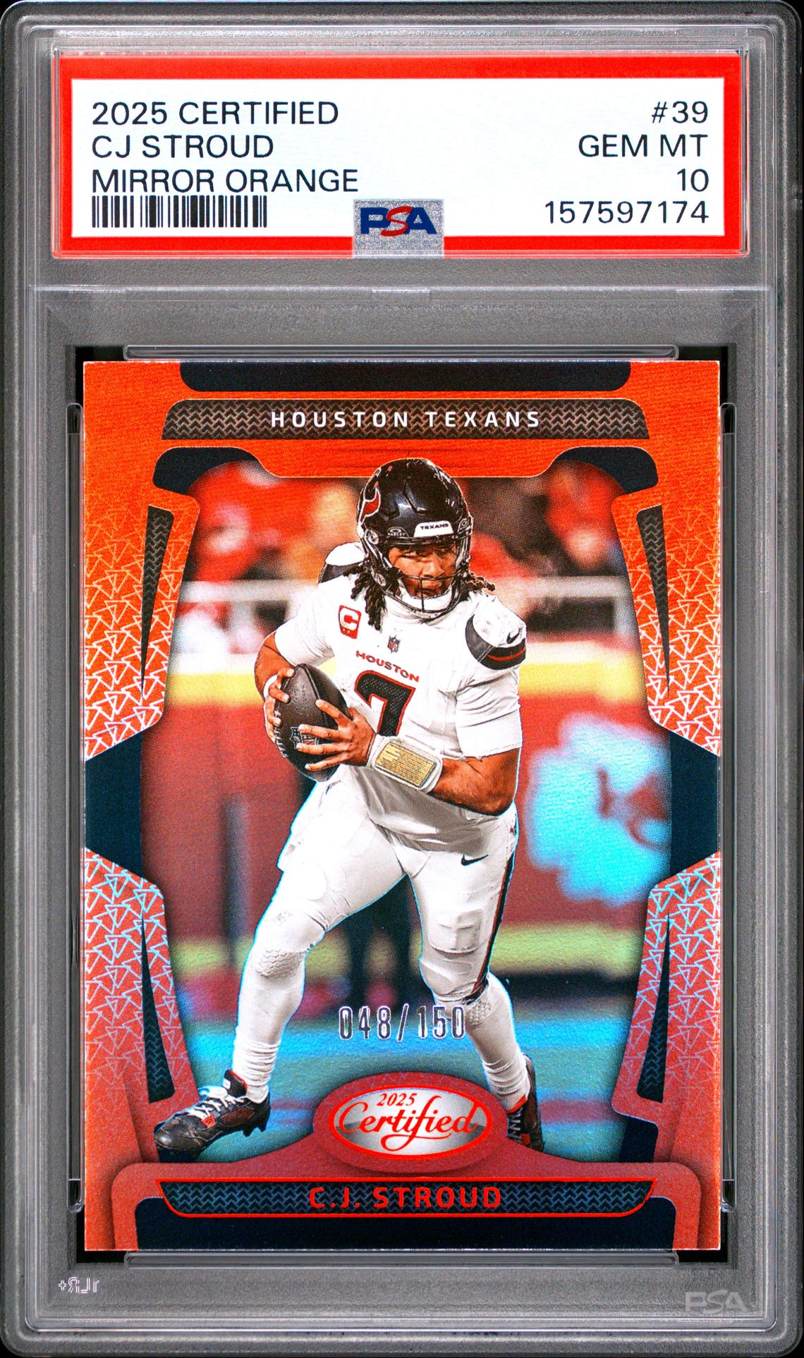 2025 Panini Certified Cj Stroud #39 (Mirror Orange) Gem Mt 10 front view - PSA graded GEM MT 10