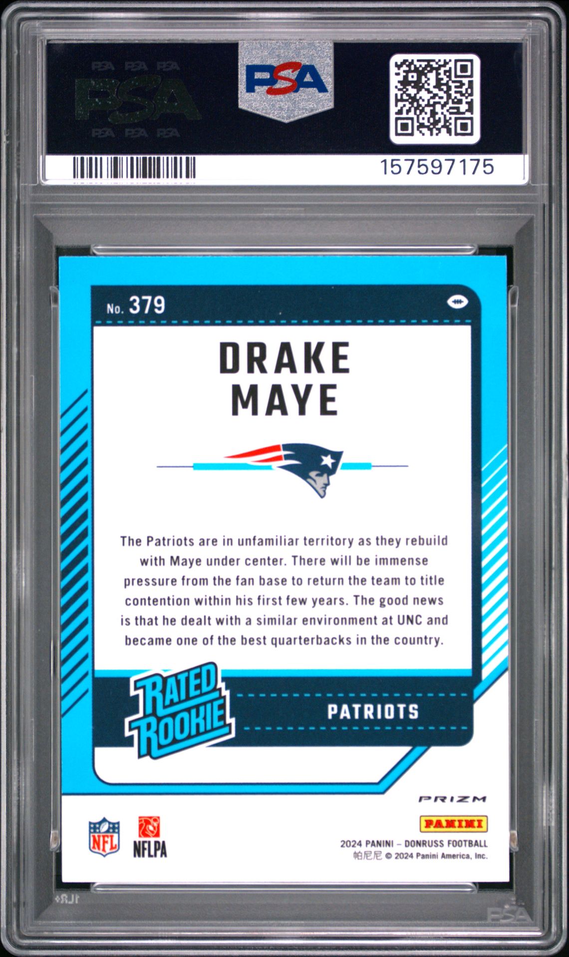 2024 Panini Donruss Drake Maye #379 (Optic Preview-Pink) Mint 9 back