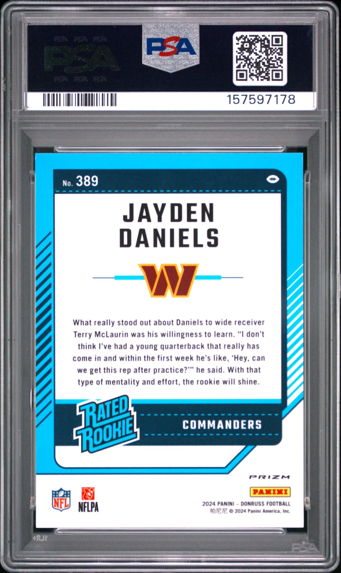 2024 Panini Donruss Jayden Daniels #389 (Optic Preview-Pink) Gem Mt 10 back view - PSA certificate #157597178