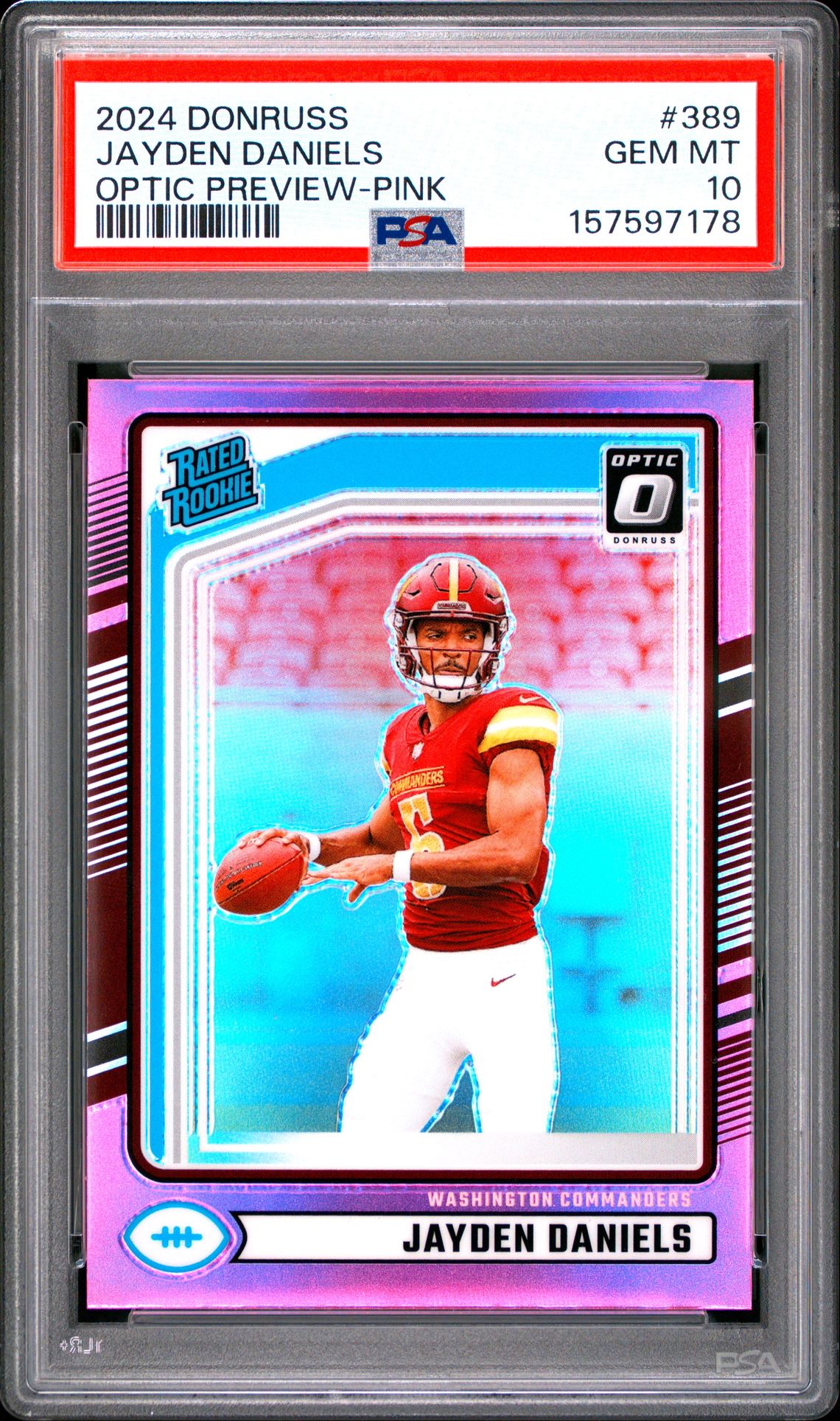 2024 Panini Donruss Jayden Daniels #389 (Optic Preview-Pink) Gem Mt 10 front view - PSA graded GEM MT 10