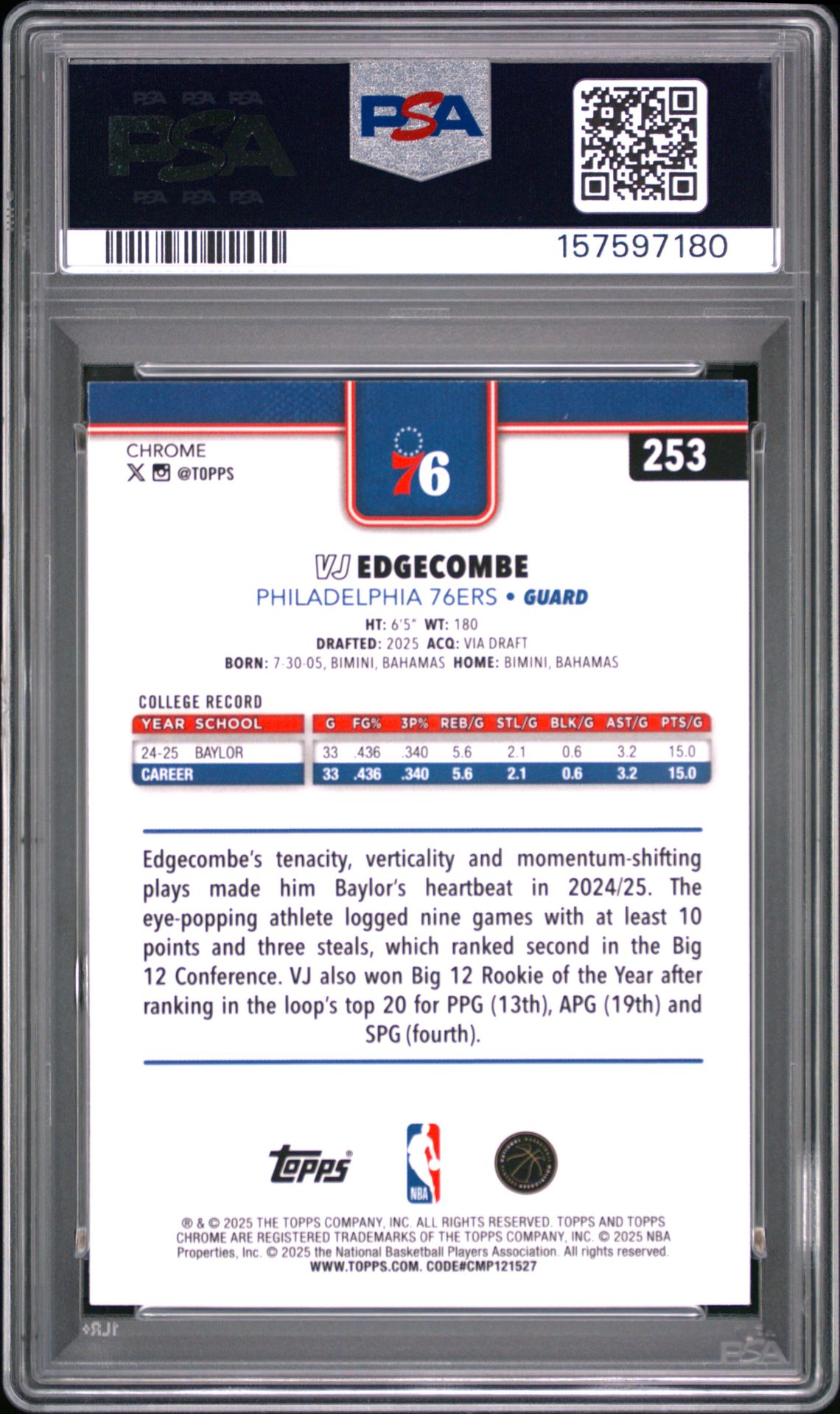 2025 Topps Chrome Vj Edgecombe #253 Gem Mt 10 back