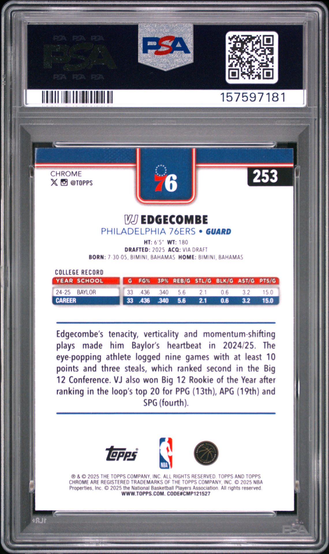 2025 Topps Chrome Vj Edgecombe #253 Gem Mt 10 back view - PSA certificate #157597181