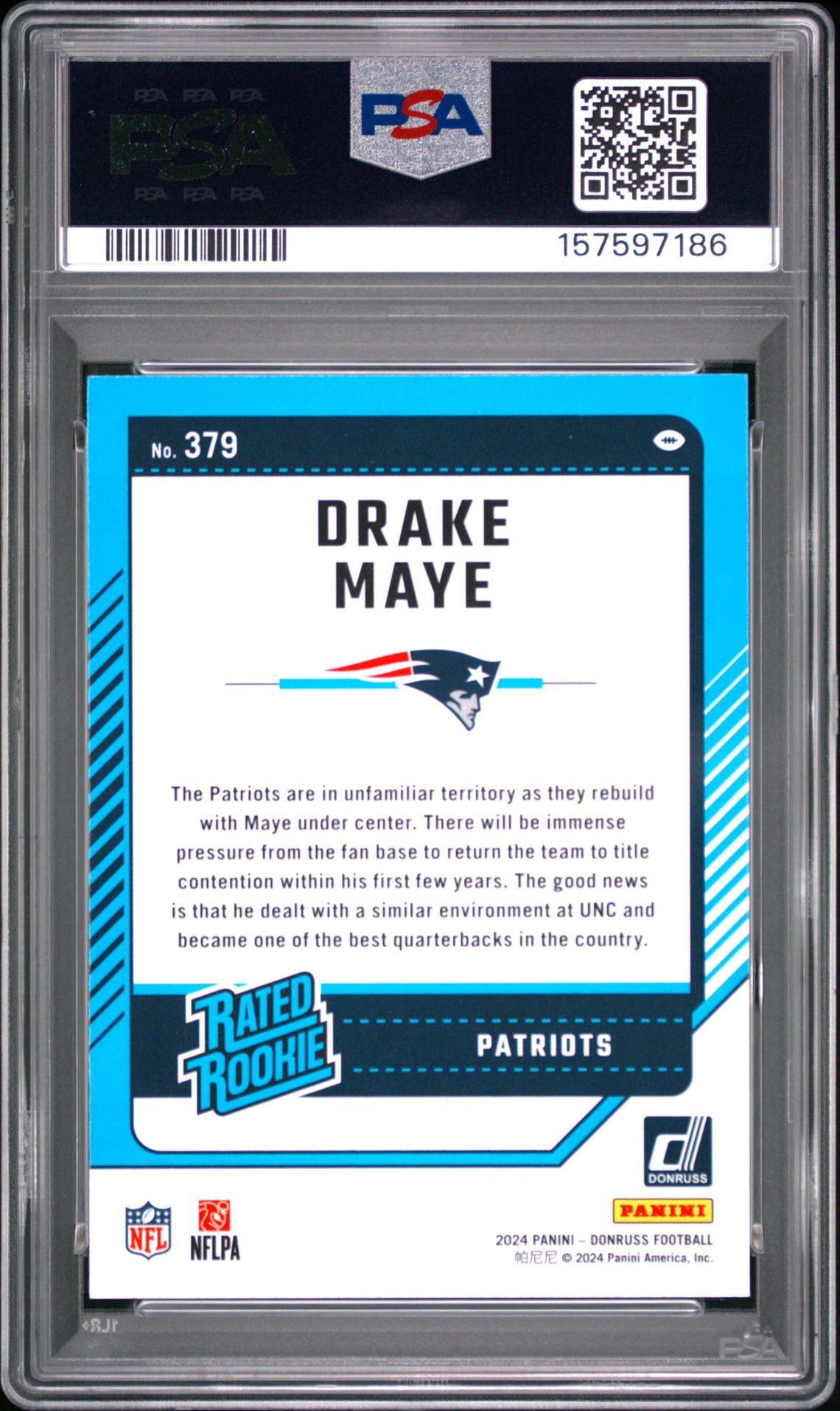 2024 Panini Donruss Drake Maye #379 Gem Mt 10 back view - PSA certificate #157597186