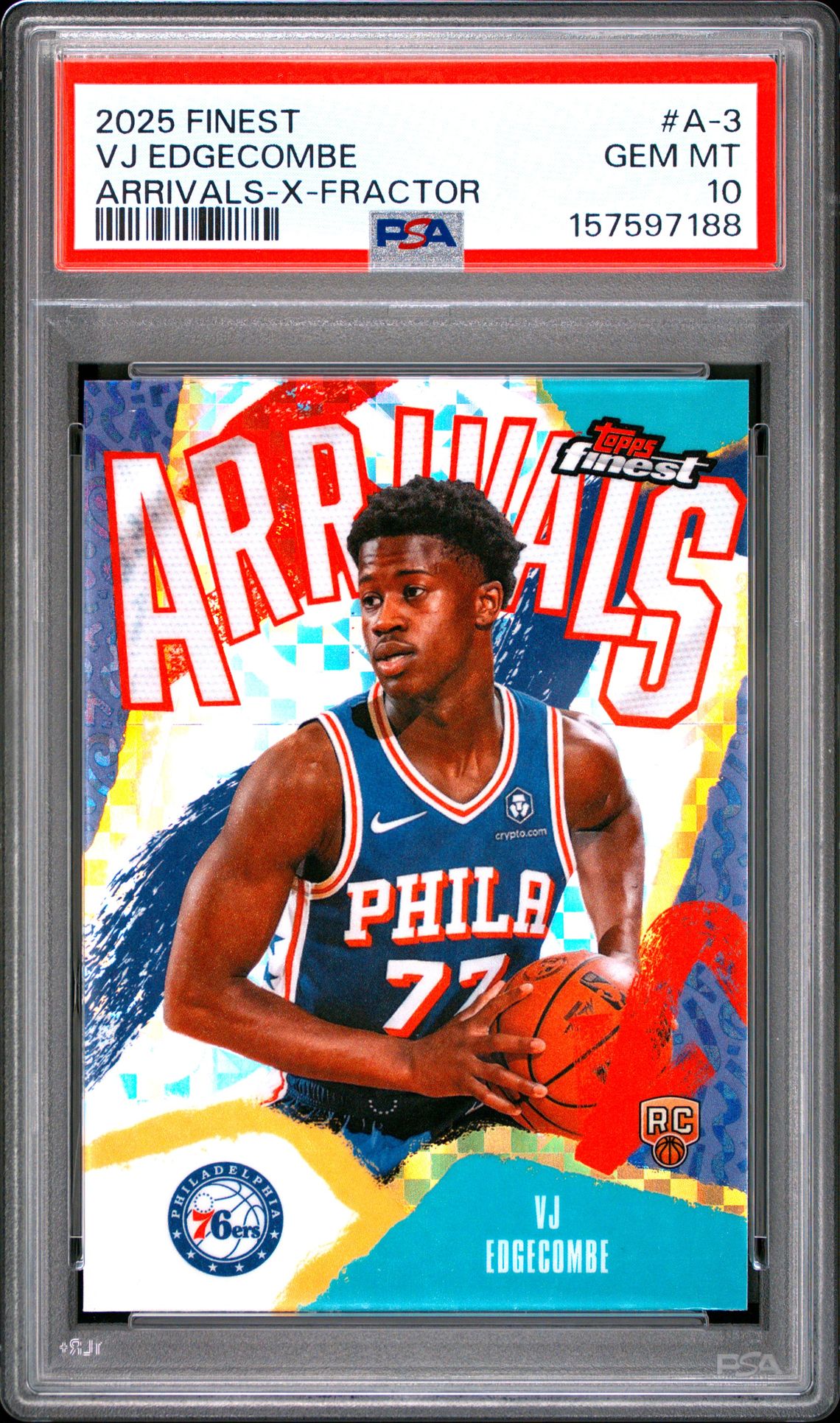 2025 Topps Finest Arrivals Vj Edgecombe #A-3 (Arrivals-X-Fractor) Gem Mt 10 front view - PSA graded GEM MT 10