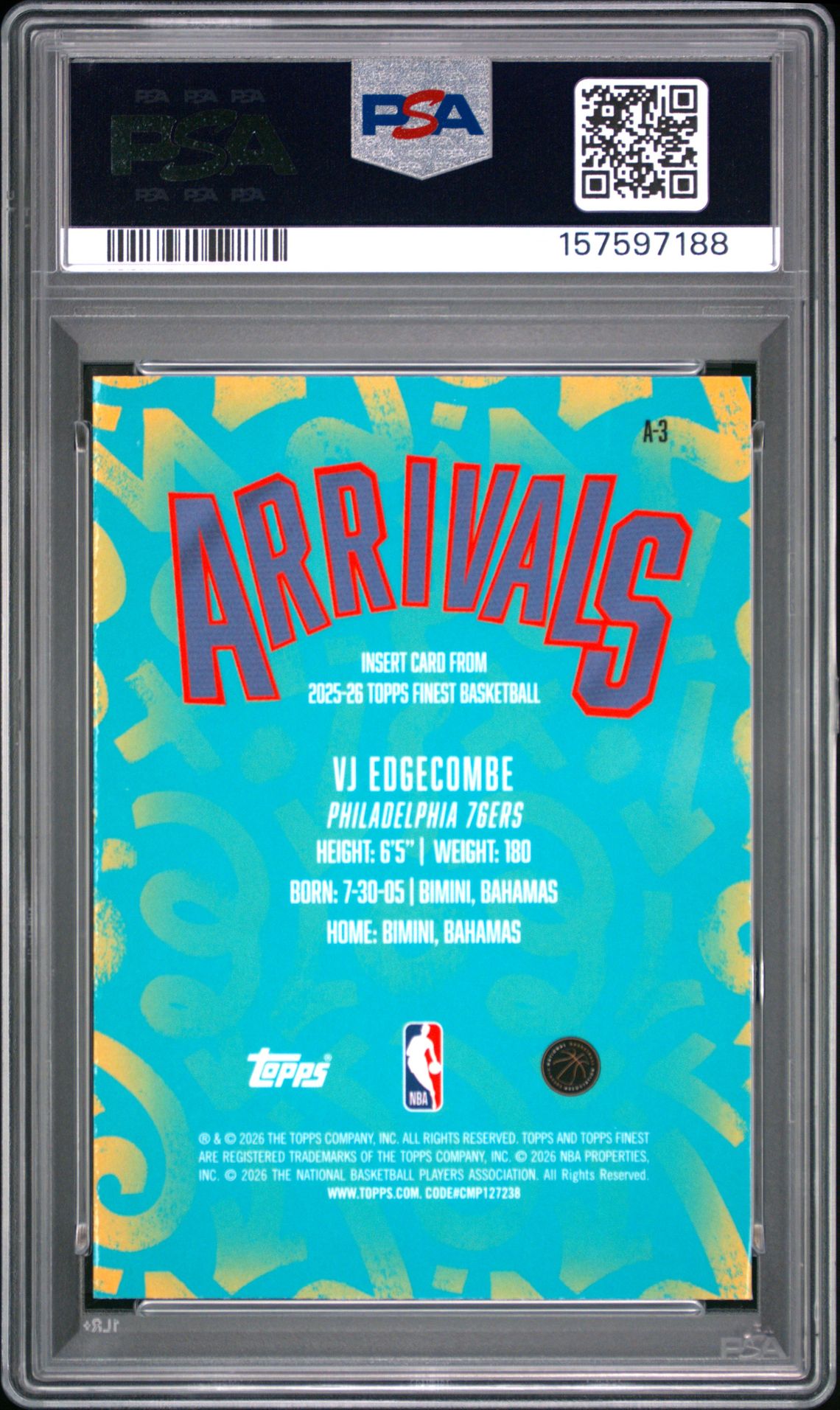 2025 Topps Finest Arrivals Vj Edgecombe #A-3 (Arrivals-X-Fractor) Gem Mt 10 back view - PSA certificate #157597188