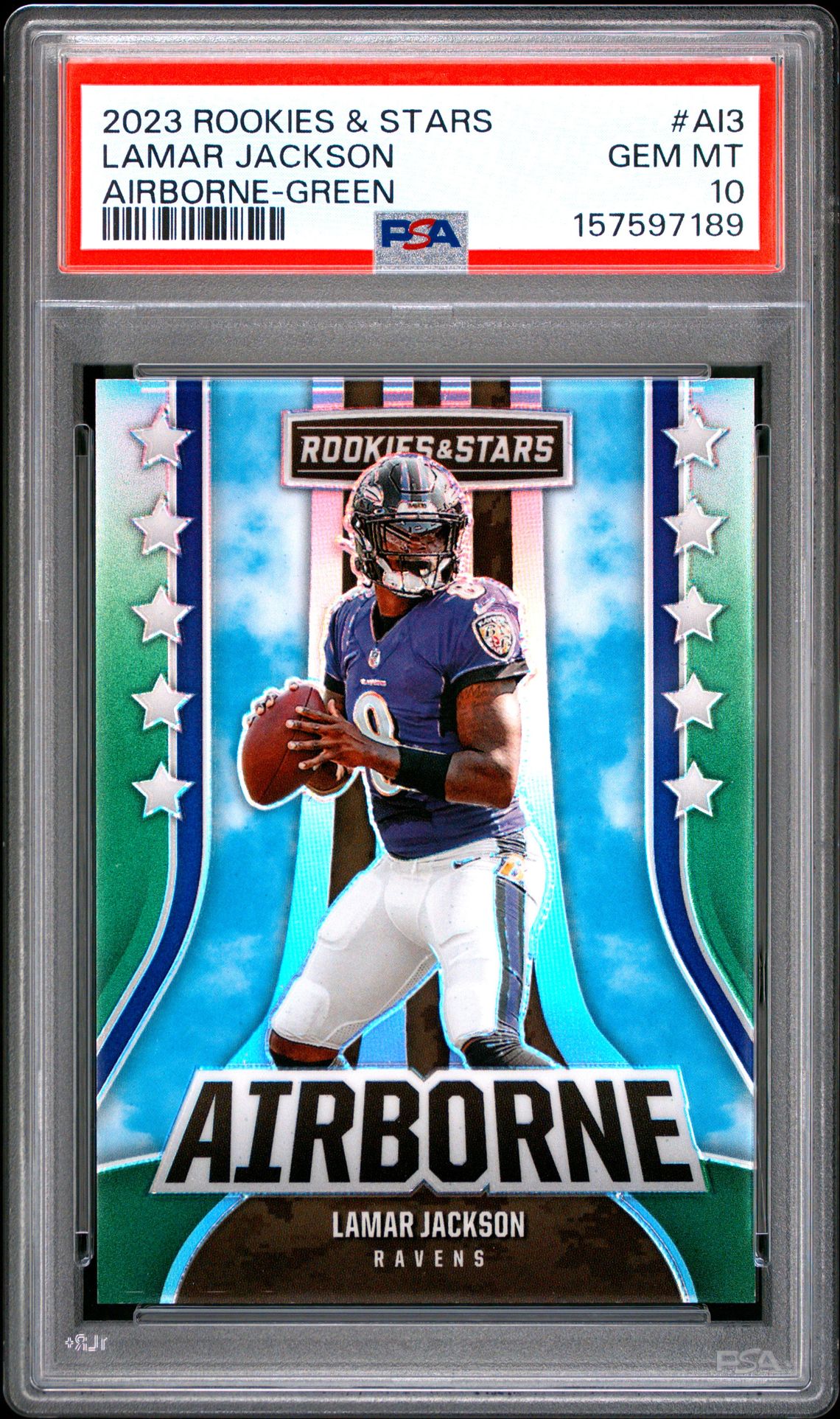 2023 Panini Rookies & Stars Airborne Lamar Jackson #Ai3 (Airborne-Green) Gem Mt 10 front view - PSA graded GEM MT 10