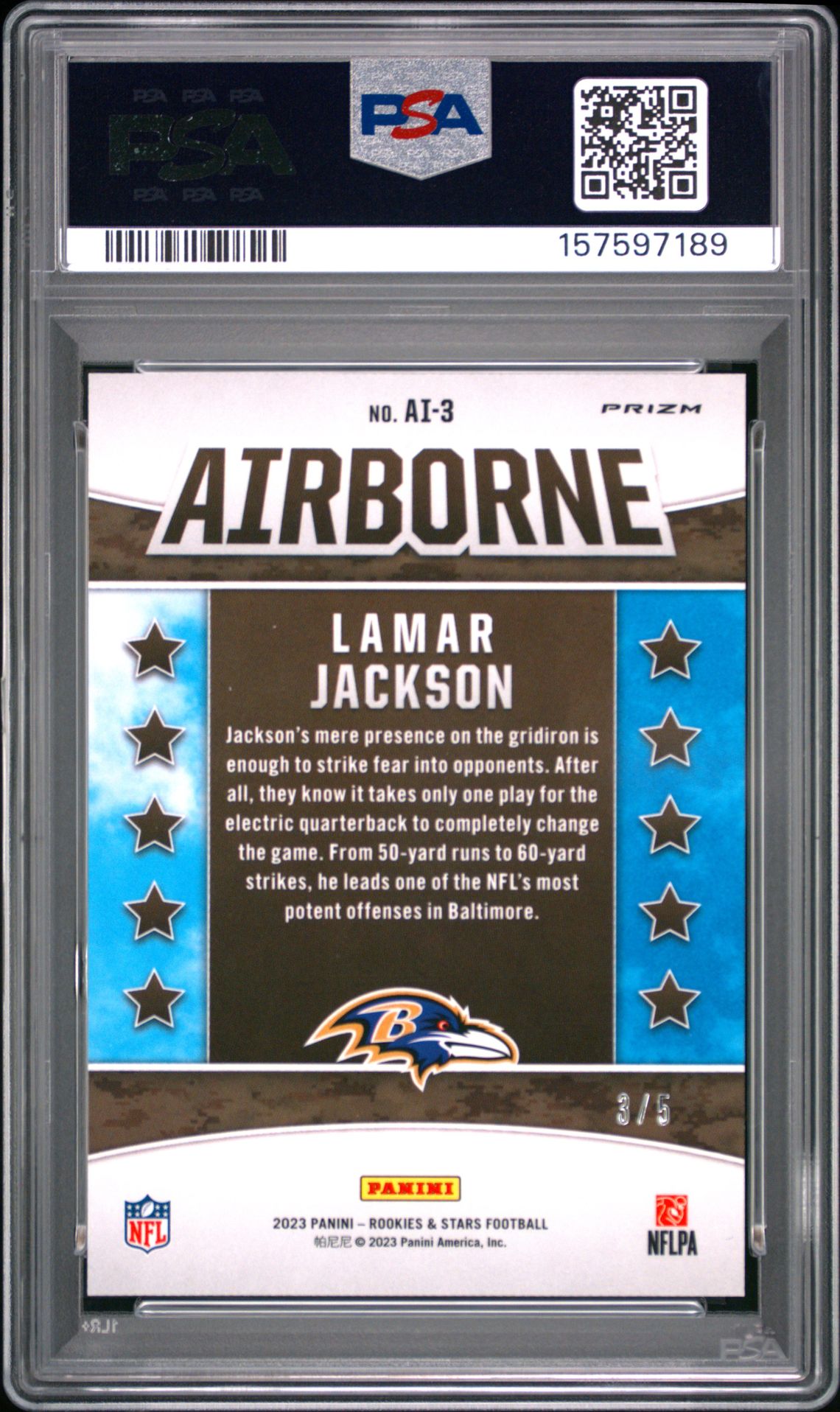 2023 Panini Rookies & Stars Airborne Lamar Jackson #Ai3 (Airborne-Green) Gem Mt 10 back view - PSA certificate #157597189