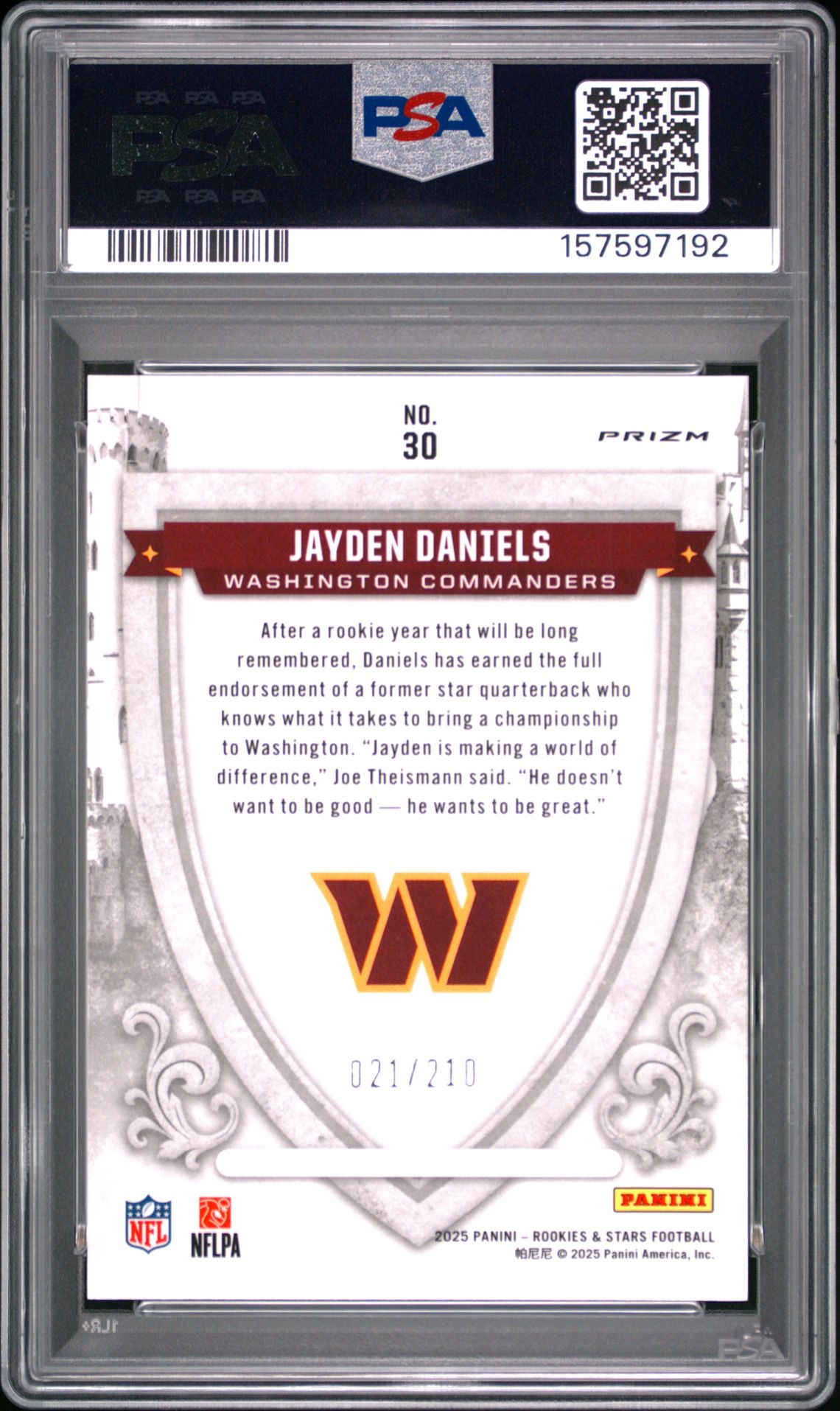 2025 Panini Rookies & Stars Crusade Jayden Daniels #30 (Crusade-Pandora) Gem Mt 10 back