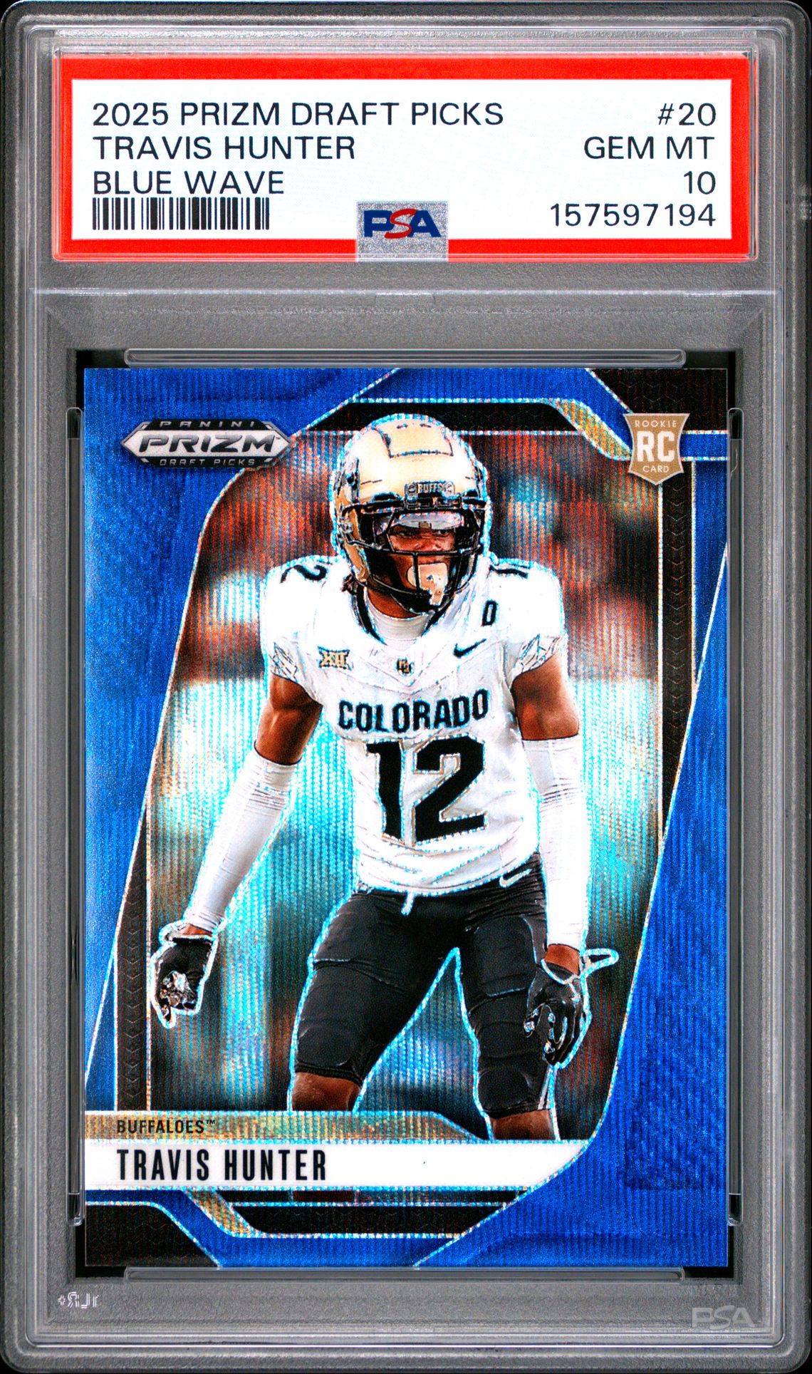 2025 Panini Prizm Draft Picks Travis Hunter #20 (Blue Wave) Gem Mt 10 front view - PSA graded GEM MT 10
