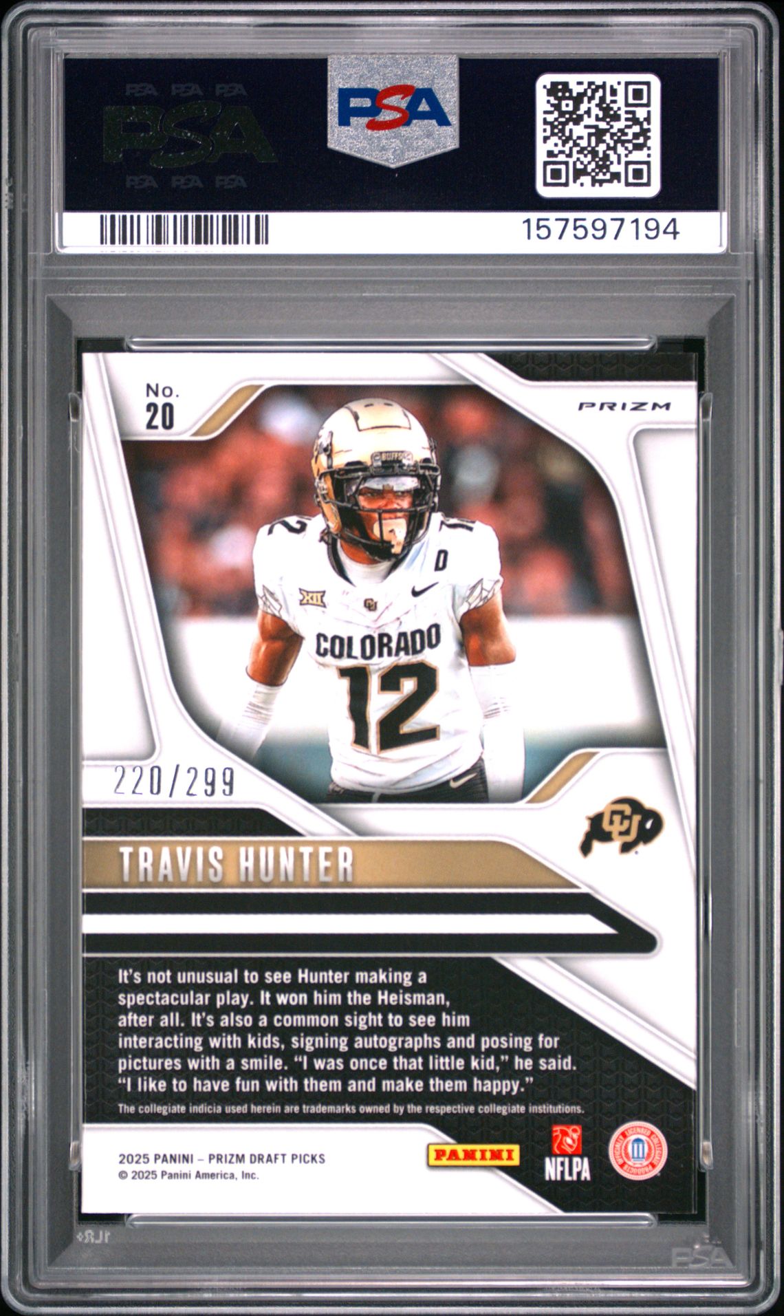 2025 Panini Prizm Draft Picks Travis Hunter #20 (Blue Wave) Gem Mt 10 back view - PSA certificate #157597194
