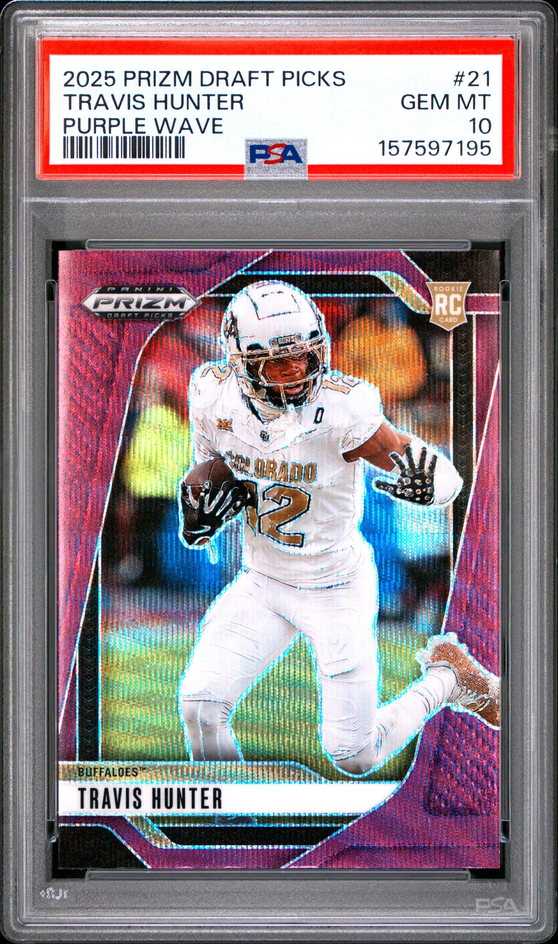 2025 Panini Prizm Draft Picks Travis Hunter #21 (Purple Wave) Gem Mt 10 front view - PSA graded GEM MT 10