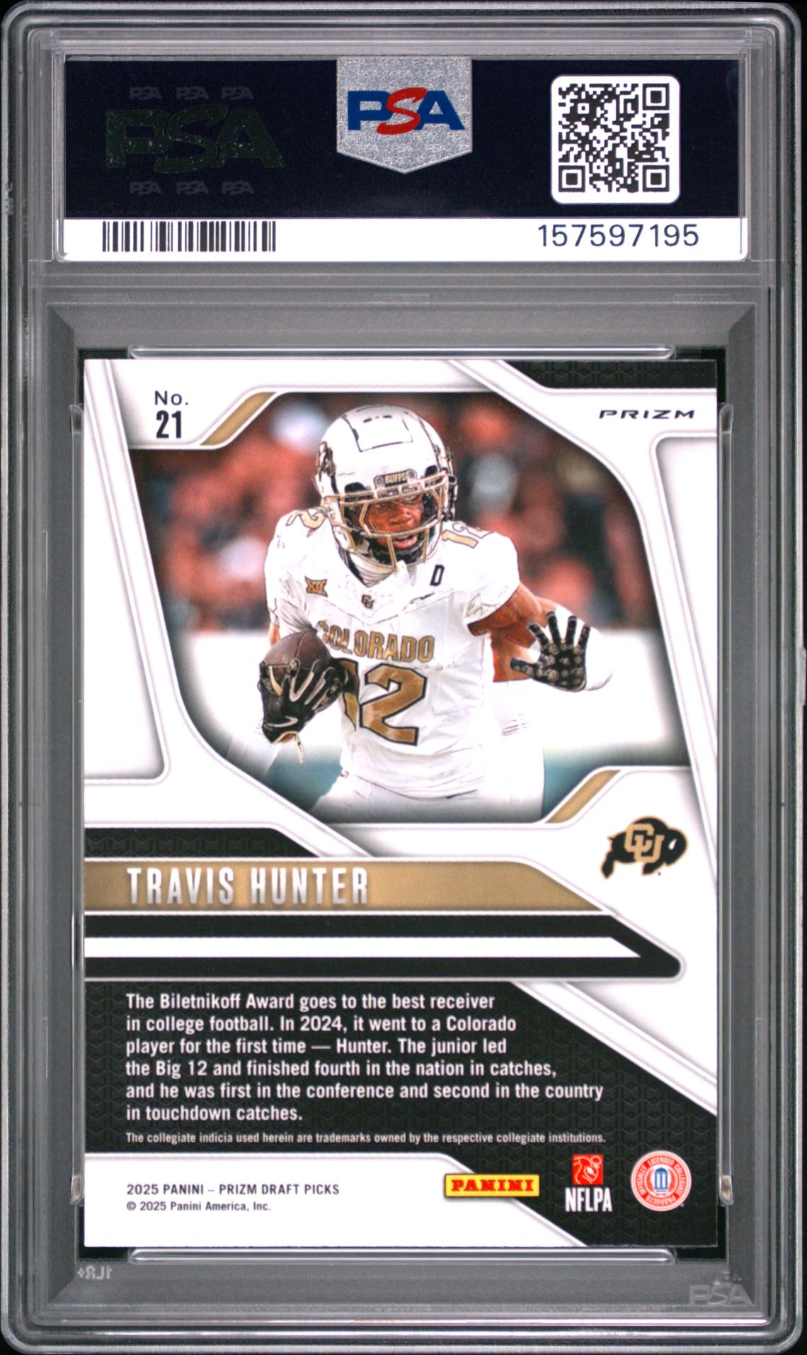 2025 Panini Prizm Draft Picks Travis Hunter #21 (Purple Wave) Gem Mt 10 back view - PSA certificate #157597195