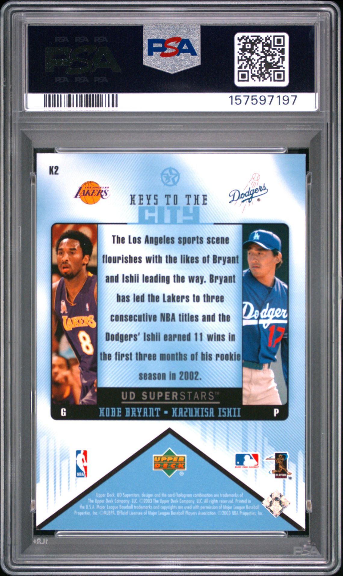 2002 Upper Deck Superstars Keys To The City K.bryant/K.ishii #K2 (Keys To The City) Mint 9 back
