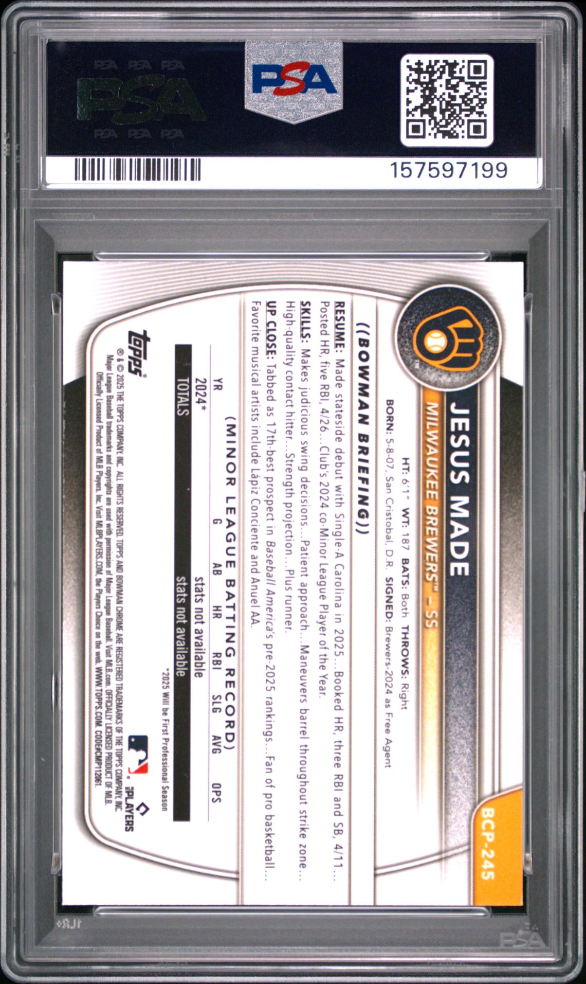 2025 Bowman Chrome Prospects Jesus Made #Bcp245 (Prospects-Laser Refractor) Gem Mt 10 back view - PSA certificate #157597199
