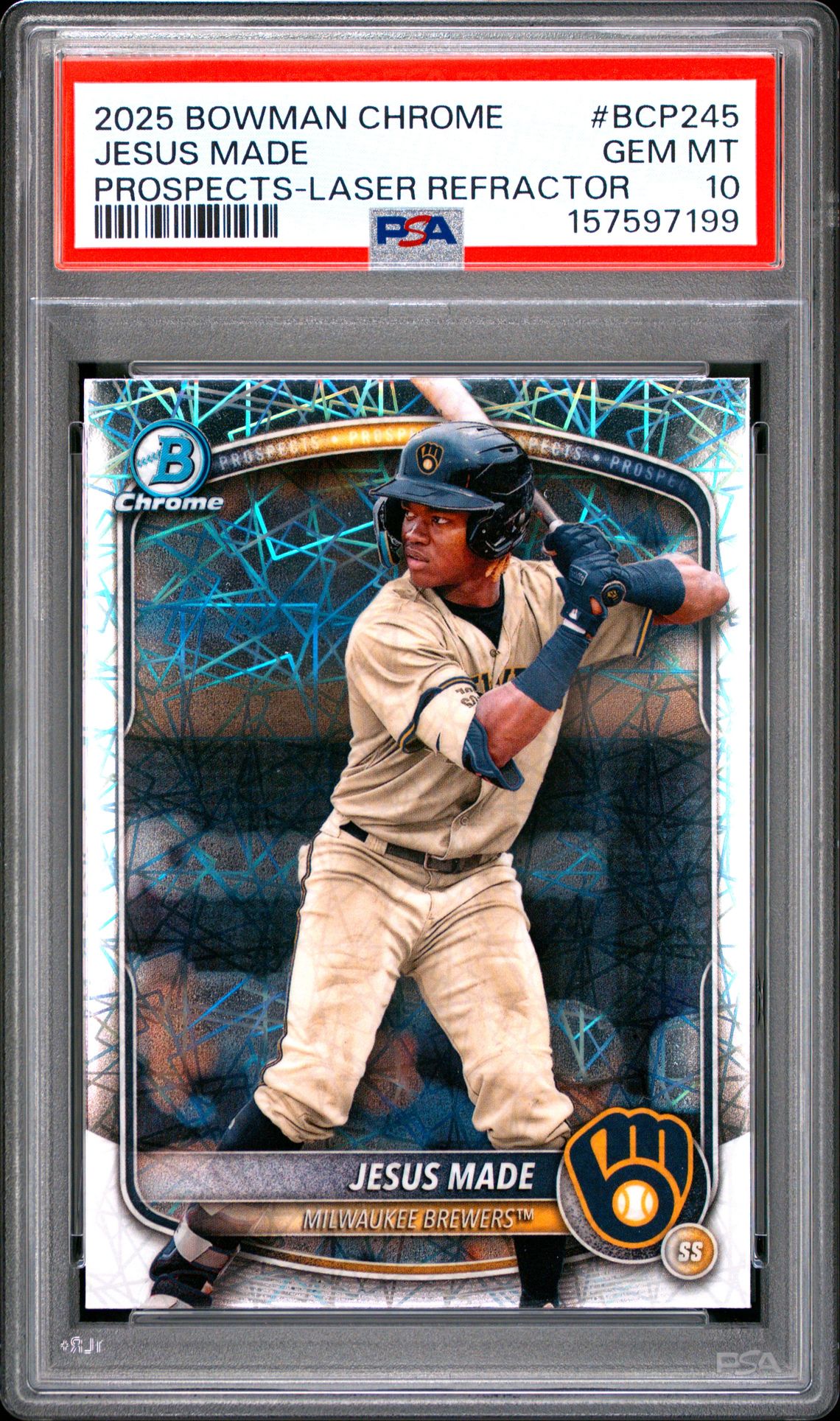 2025 Bowman Chrome Prospects Jesus Made #Bcp245 (Prospects-Laser Refractor) Gem Mt 10 front view - PSA graded GEM MT 10