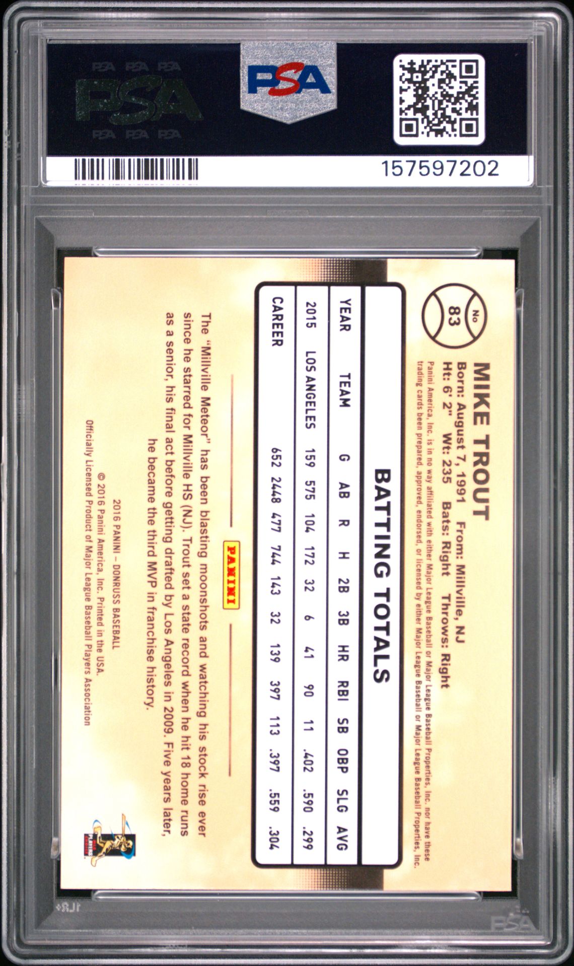 2016 Panini Donruss Mike Trout #83 (Variation) Gem Mt 10 back view - PSA certificate #157597202