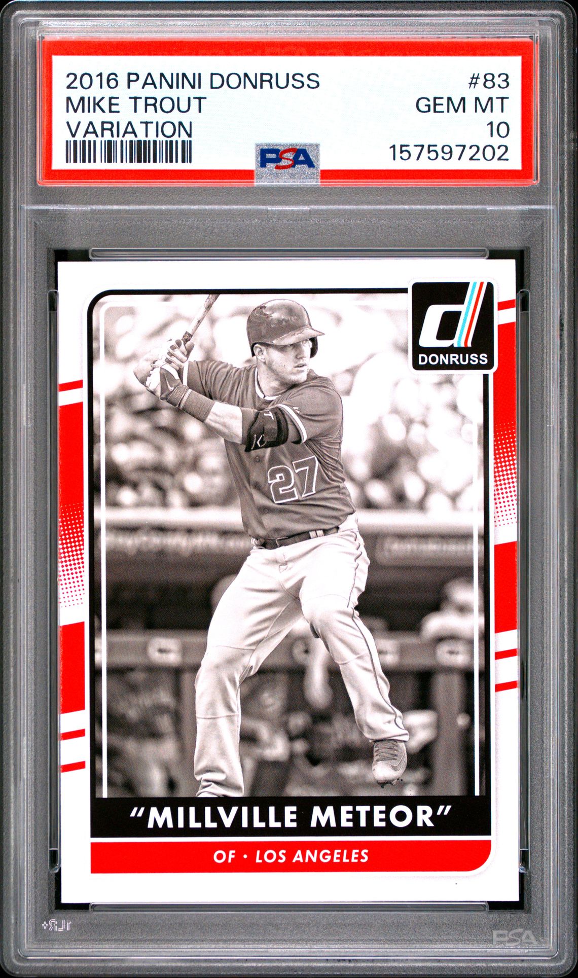 2016 Panini Donruss Mike Trout #83 (Variation) Gem Mt 10 front view - PSA graded GEM MT 10