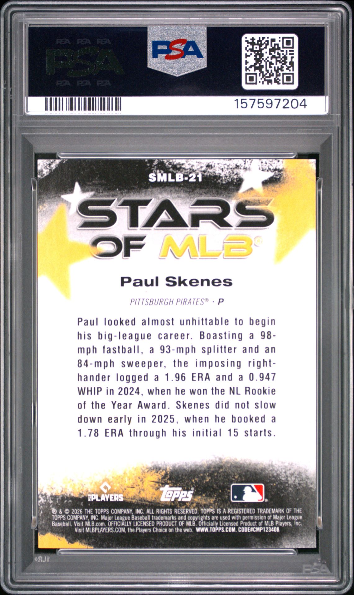 2026 Topps Stars Of Mlb Paul Skenes #21 Gem Mt 10 back view - PSA certificate #157597204