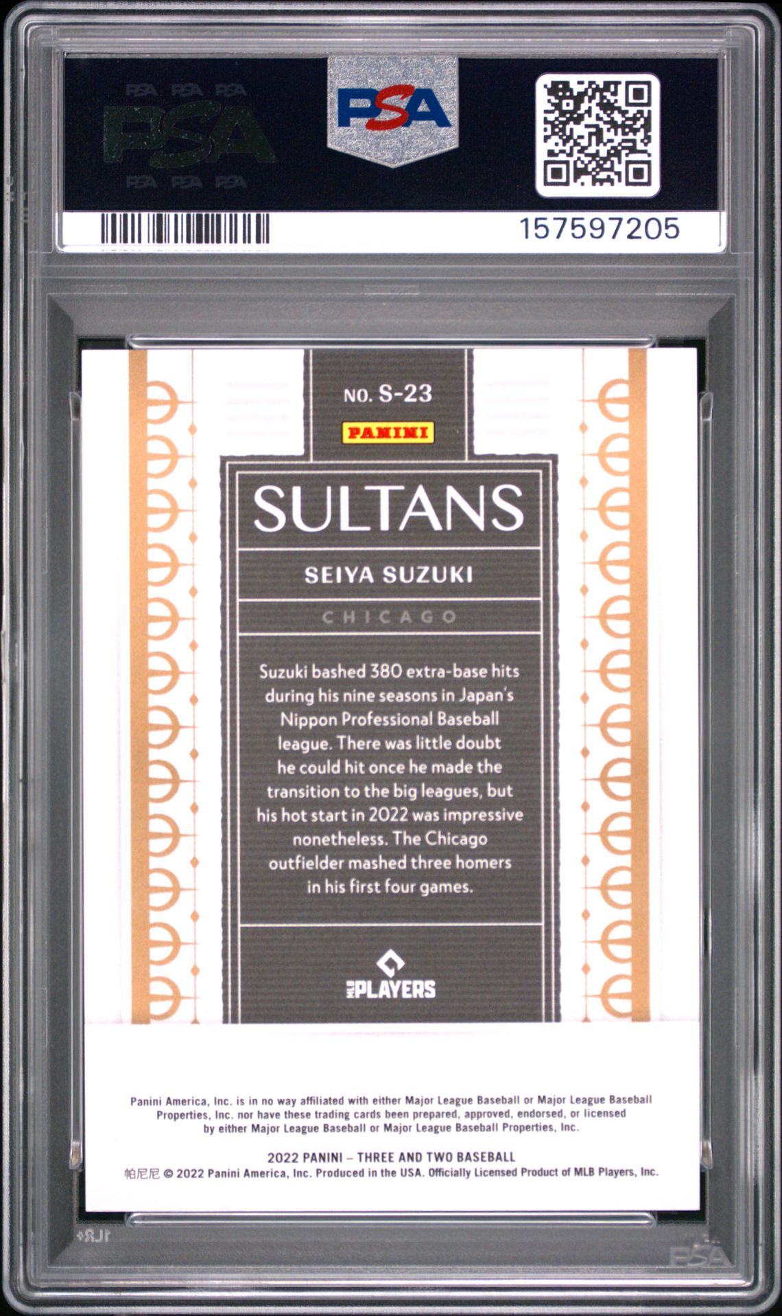 2022 Panini Three And Two Sultans Seiya Suzuki #S23 (Sultans) Gem Mt 10 back view - PSA certificate #157597205